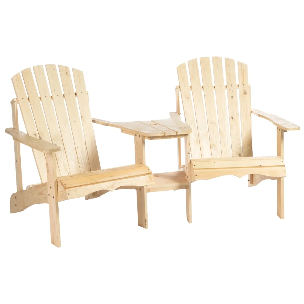 Wooden Adirondack Chair for Two, Outdoor Fire Pit Chair Set with Table & Umbrella Hole, Patio Chairs for Deck Lawn Pool Backyard, Natural