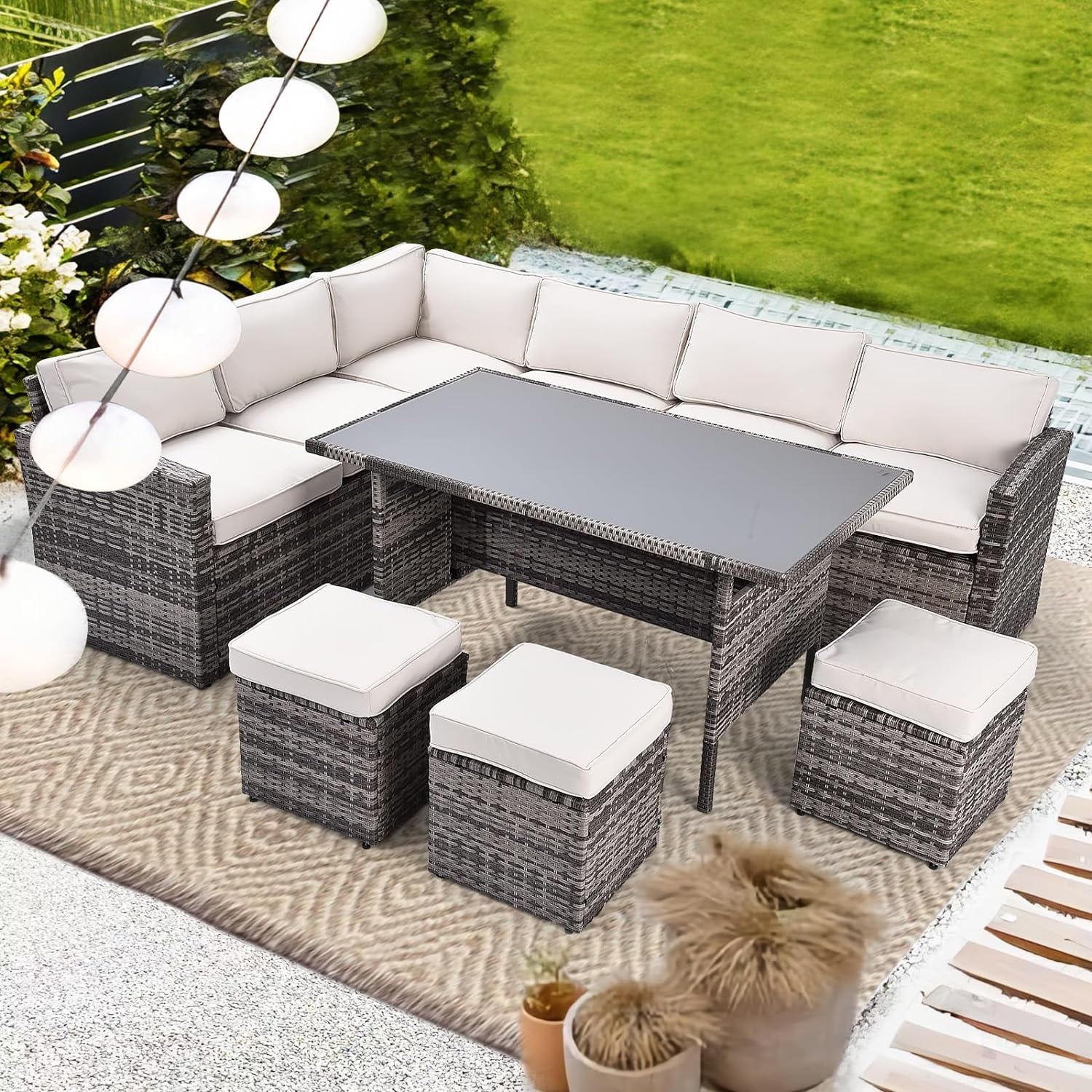 Dina 7 Pieces Outdoor Patio Furniture Set  All-Weather Rattan Sectional Sofa Wicker Conversation Set with Cushion  Coffee Table for Garden  Backyard Poolside(Peacock Blue)