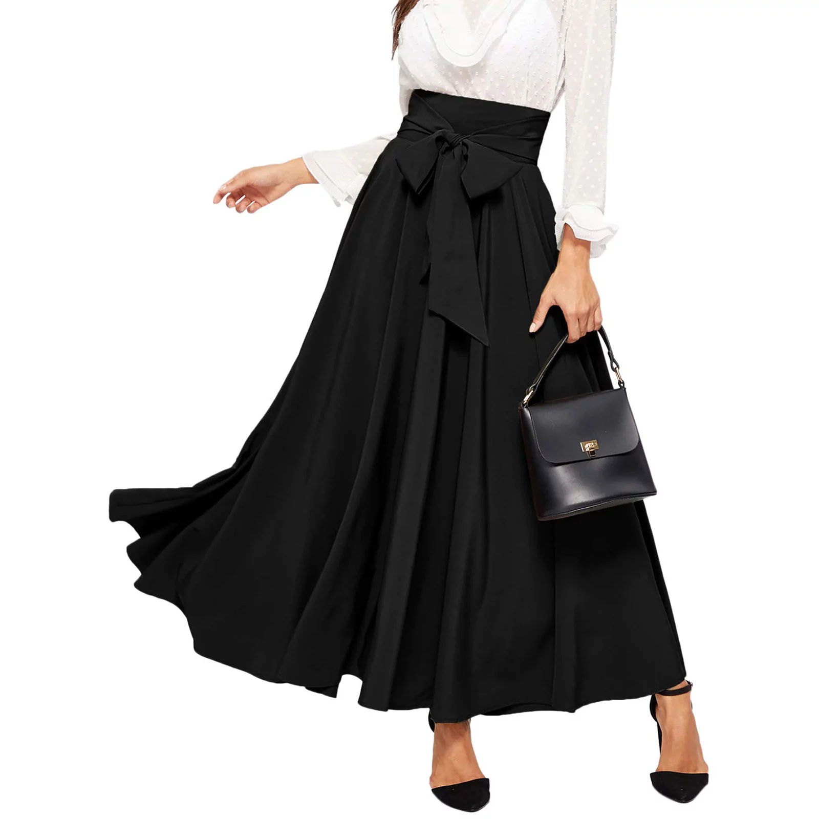 Winter Skater Skirt Women'S Elegant High Waist Skirt Tie Front Pleated Maxi Skirts Skirt Hangers Wood