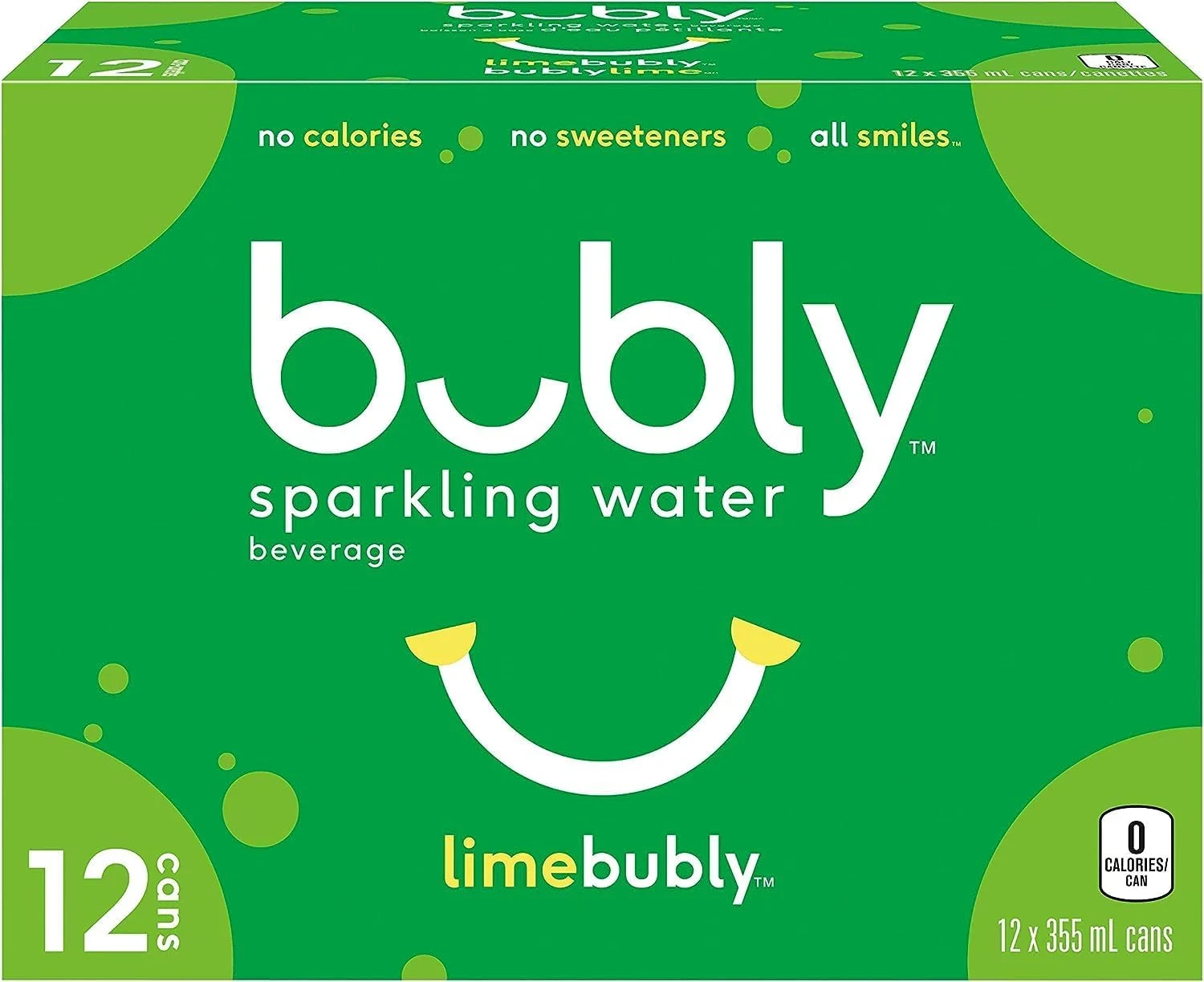 Bubly Lime Sparkling Water Beverage, 355 Ml Cans, 12 Pack, Lime, 4260 milliliters