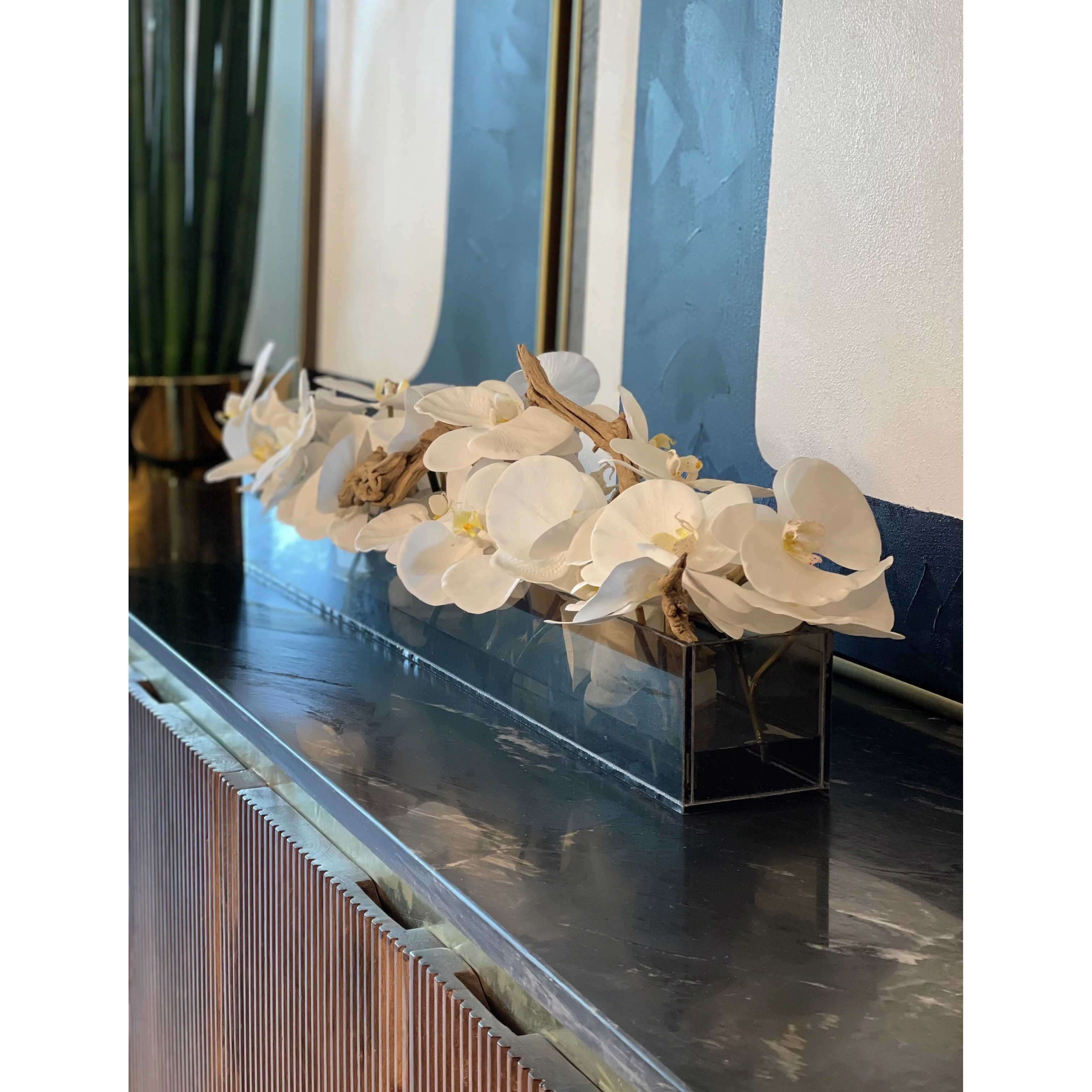 36 Inch Casa Moderna Black Tinted Glass Plate Planter with white Phalaenopsis orchids 48