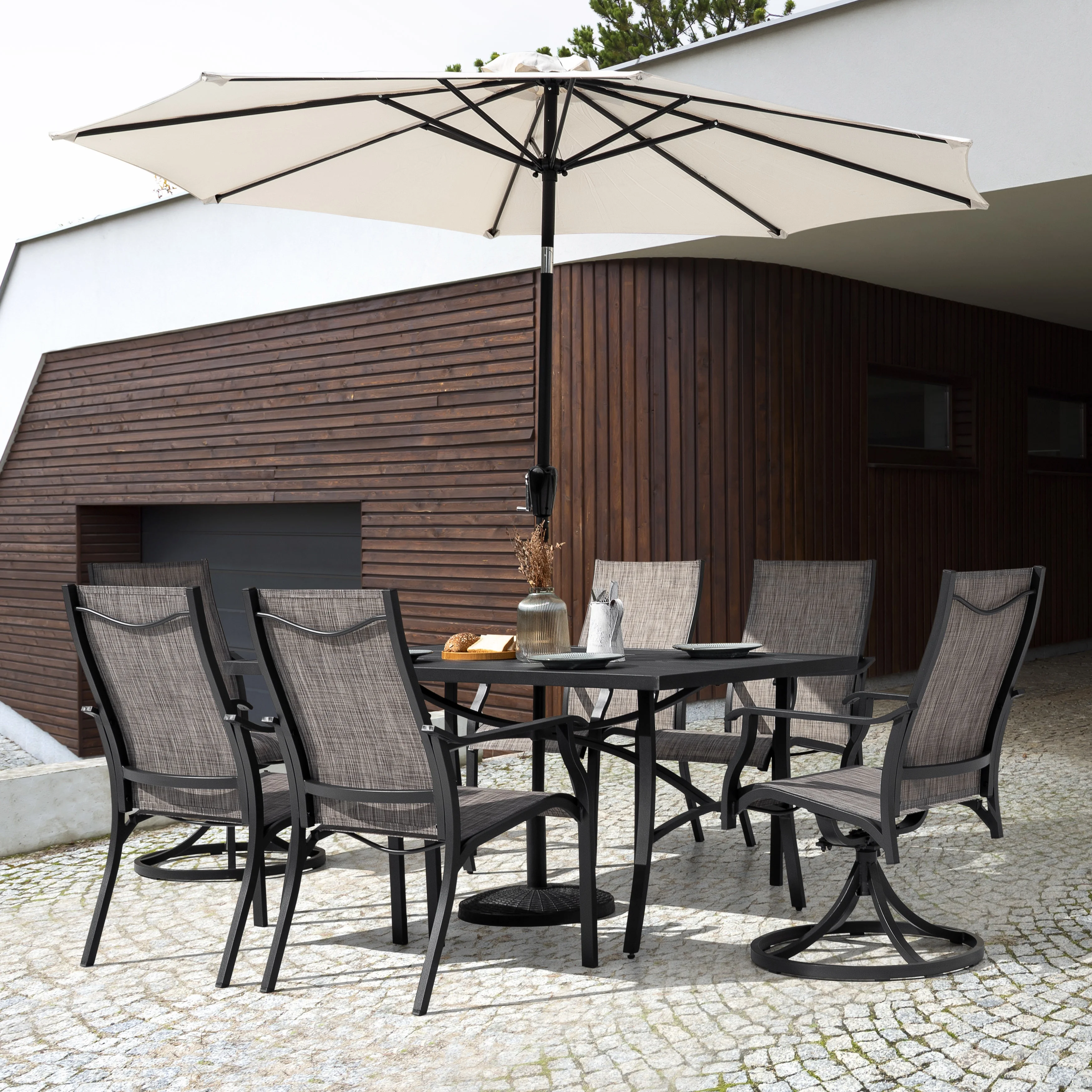 Nuu Garden 7-Piece Outdoor Aluminum Patio Dining Set, Dining Table with Umbrella Hole, Textilene Stationary and Swivel Chairs for Garden Backyard, Grayish Brown
