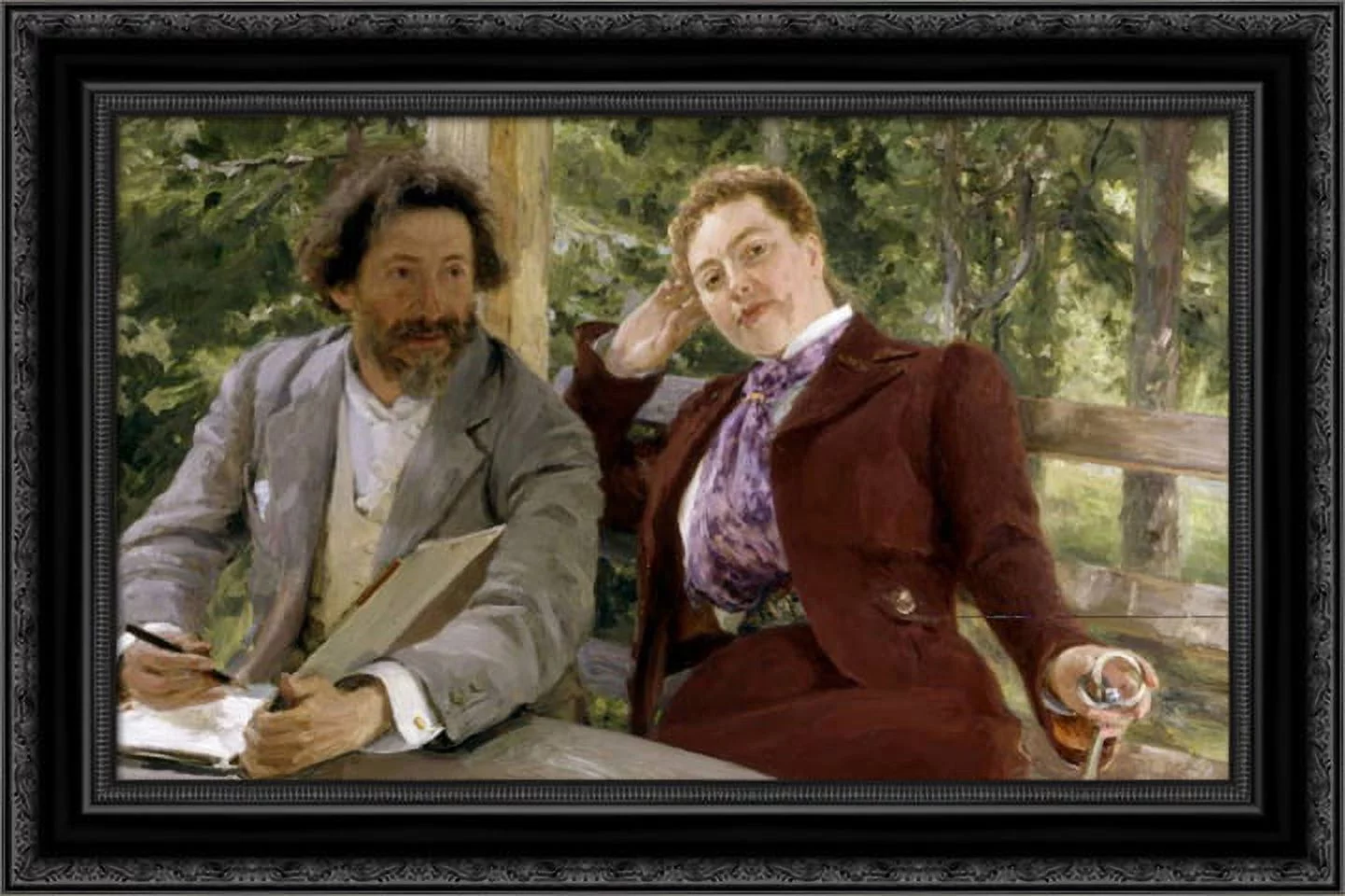 Double Portrait of Natalia Nordmann and Ilya Repin 24x17 Black Ornate Wood Framed Canvas Art by Repin, Il'ya