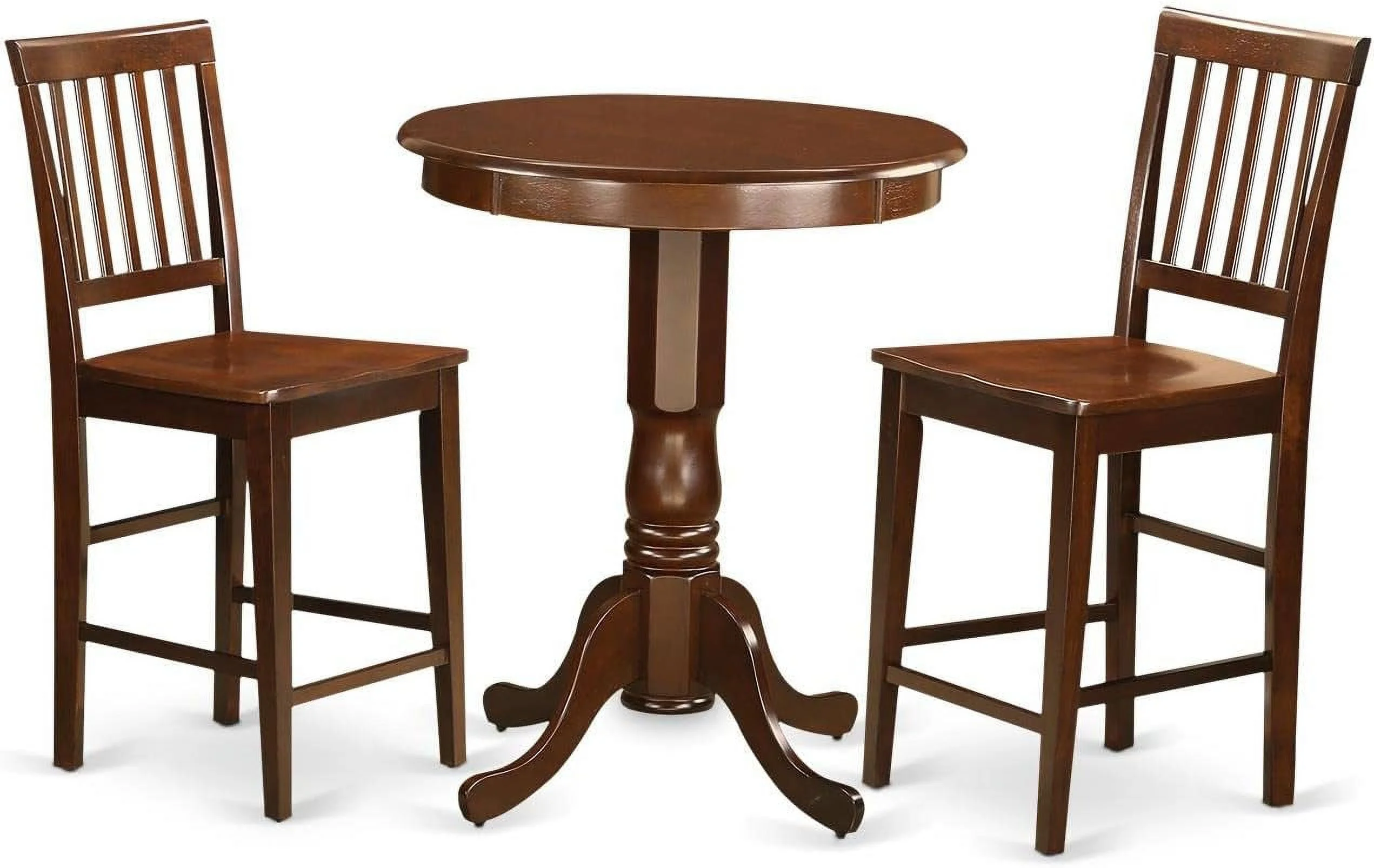 3 Piece Kitchen Counter Height Set Contains A Round Wooden Table With Pedestal And 2 Dining Chairs, 30X30 Inch, Mahogany