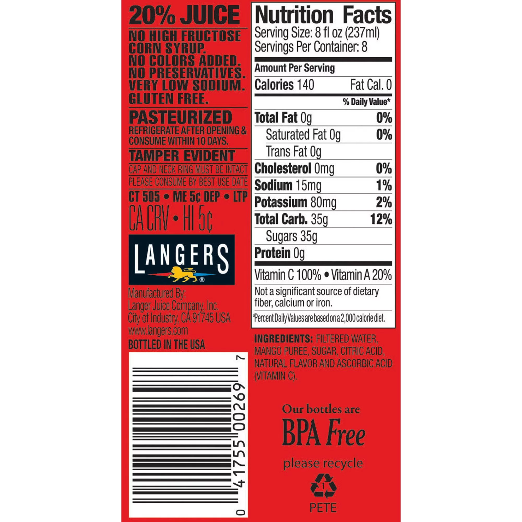 Langers Juice Drink, Mango Nectar Cocktail, 64 Fl Oz