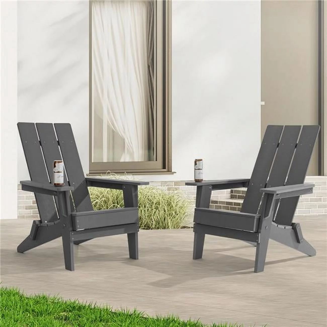 Charcoal Gray Folding Adirondack Chair, Waterproof HIPS High Load Capacity Patio Chair With Wide Armrests (2-Pack)