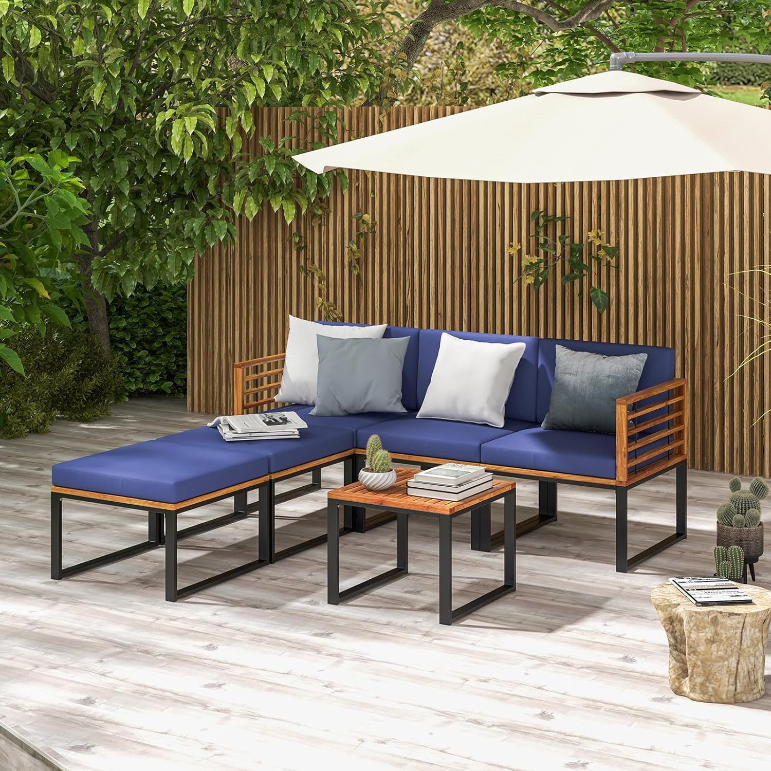 Dina 6 Piece Patio Conversation Sofa Set  Acacia Wood Chair Set with Ottomans & Coffee Table  Comfy Seat & Back Cushions  Outdoor Wood Furniture Set for Backyard  Poolside  Garden