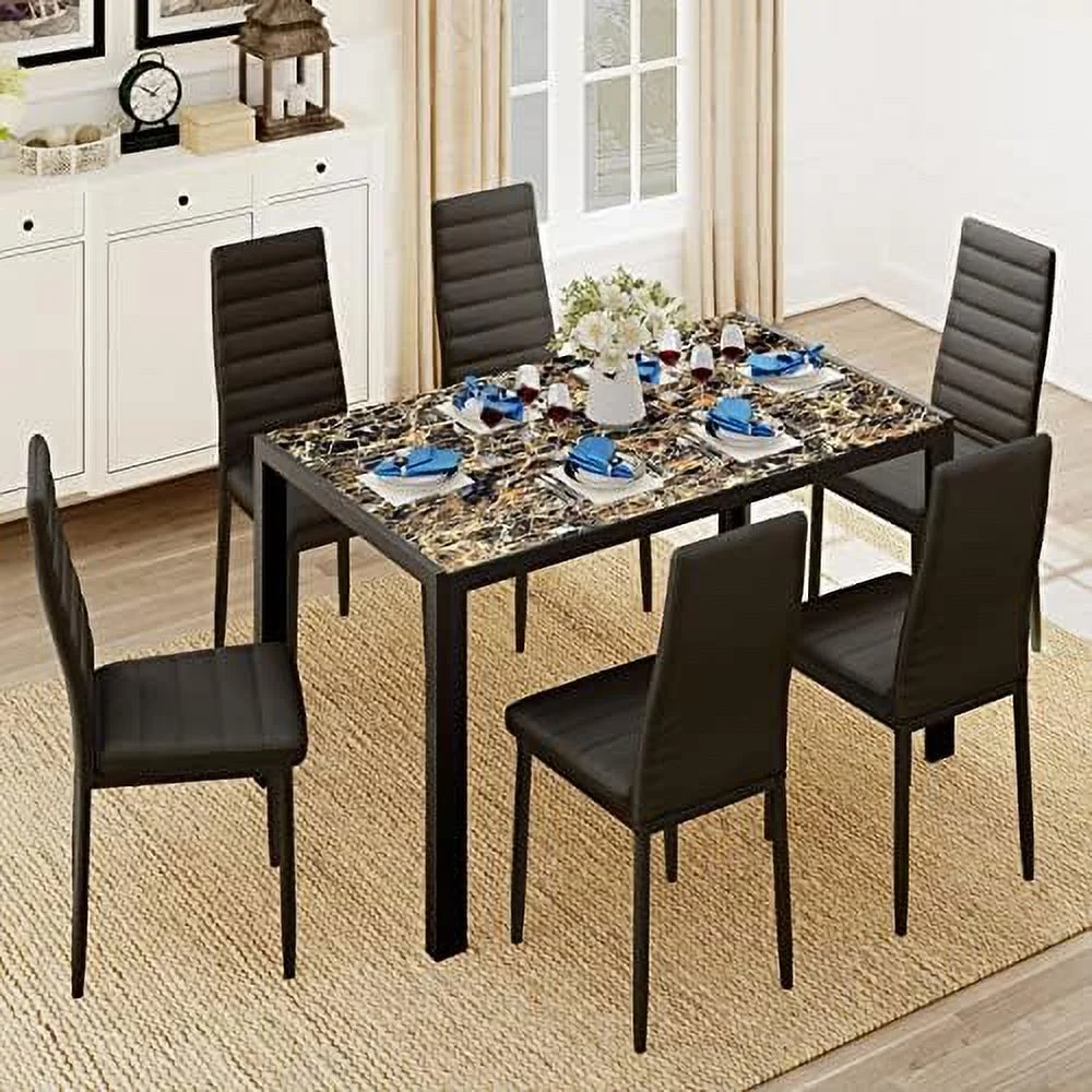 HBLUKDL Glass Dining Table Sets for 6  7 Piece Kitchen Table and Chairs Set for 6 Person  PU Leather Modern Dining Room Sets for Home  Kitchen  Living Room Black