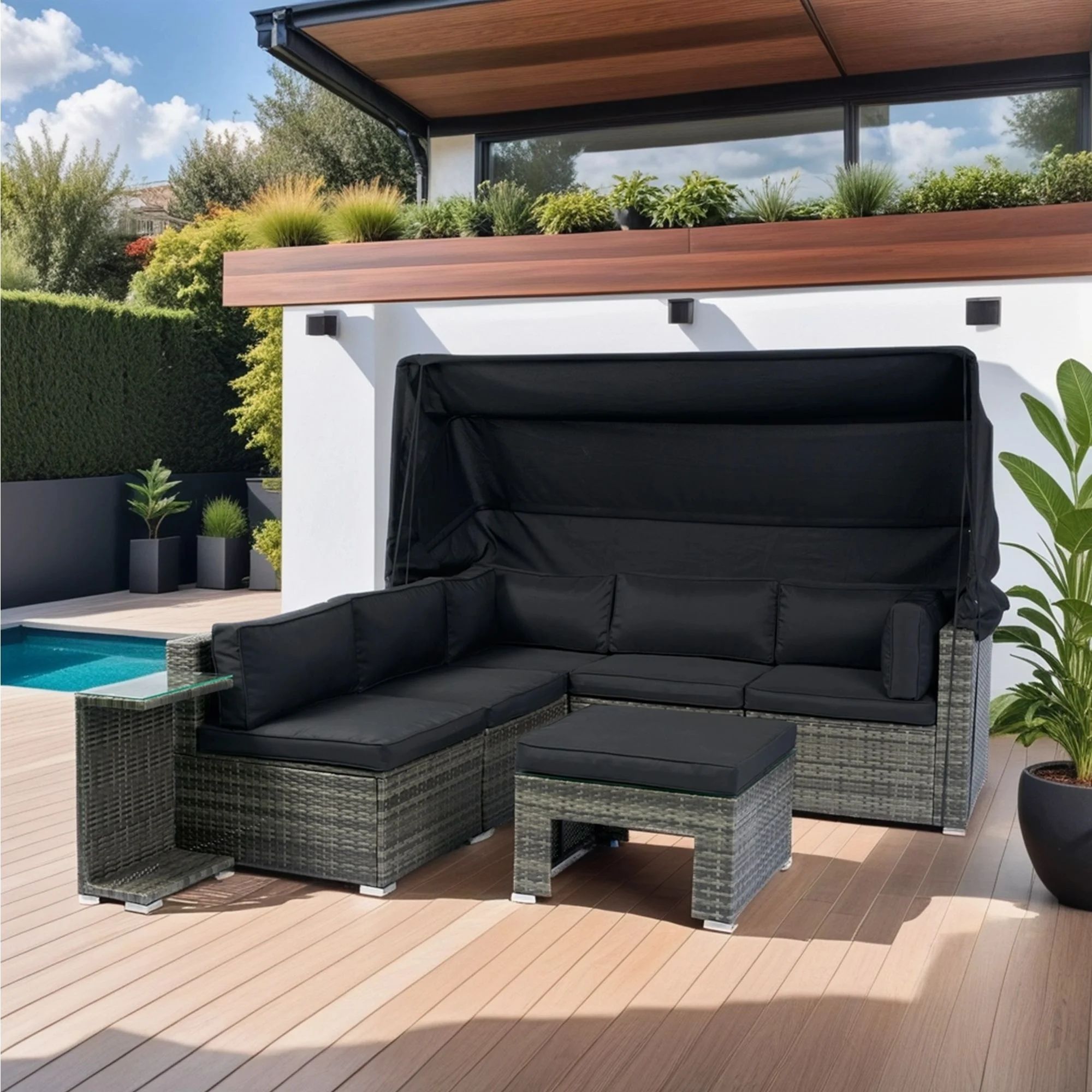 7-Piece U-Shaped Patio Furniture w/Retractable Canopy, Outdoor Wicker Conversation, All Weather PE Rattan Sectional Sofa Set Wicker Sofa Ideal for Garden, Porch, Backyard