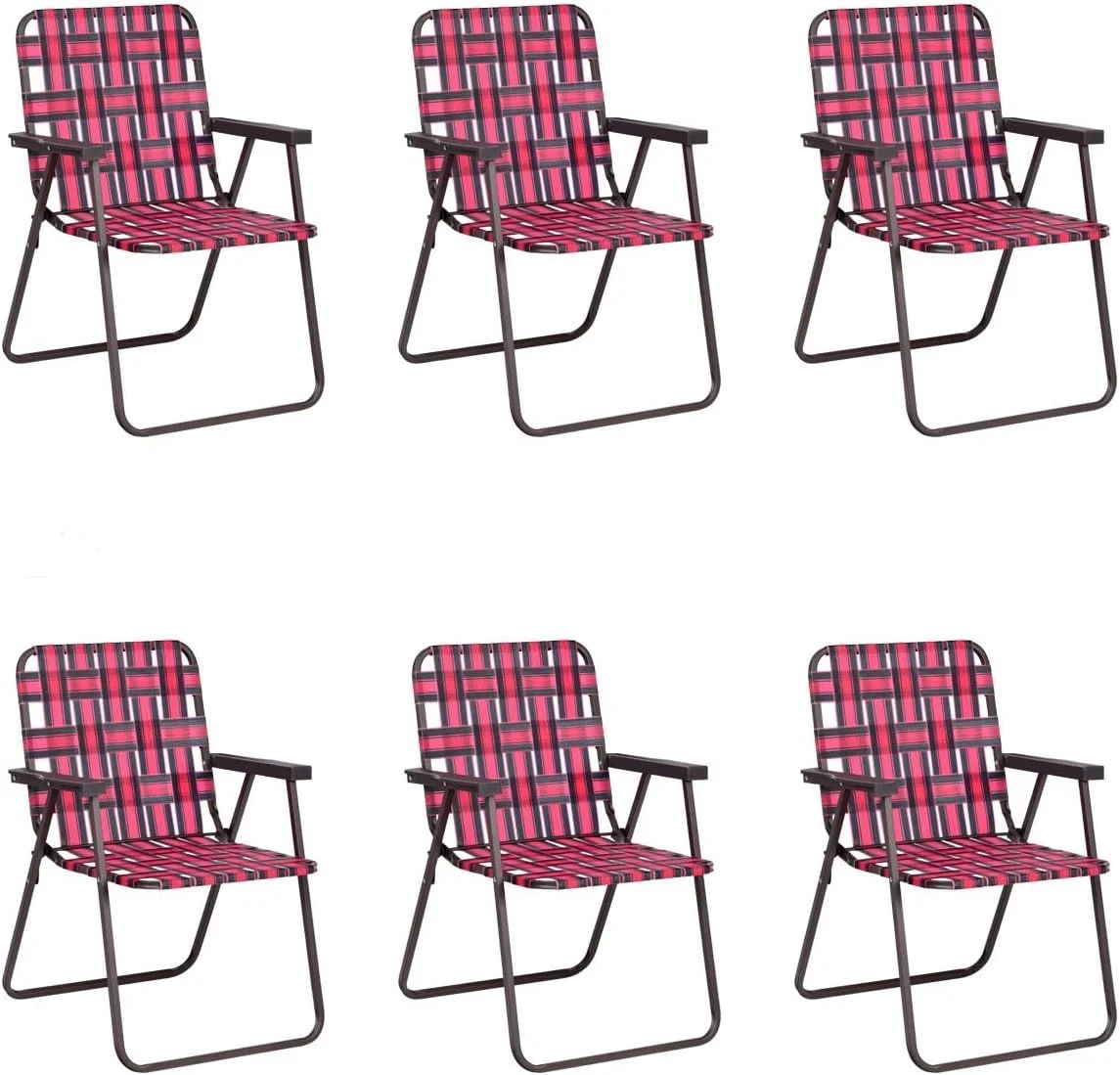 6 PCS Folding Lawn Chairs Set, Portable Outdoor Patio Chairs w/Stable Metal Frame & Armrests, Webbed Folding Beach Chairs Set for Lawn Patio Garden Backyard (Red)