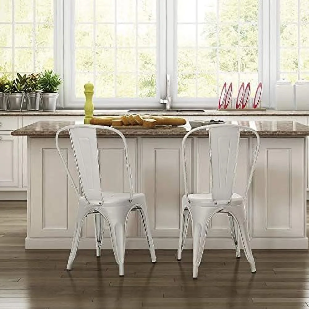 MQLIFEBOOM Metal Indoor-Outdoor Use Stackable Kitchen Trattoria Side Chic Dining Bistro Cafe Chairs with Back Set of 4 (Distressed Blue)