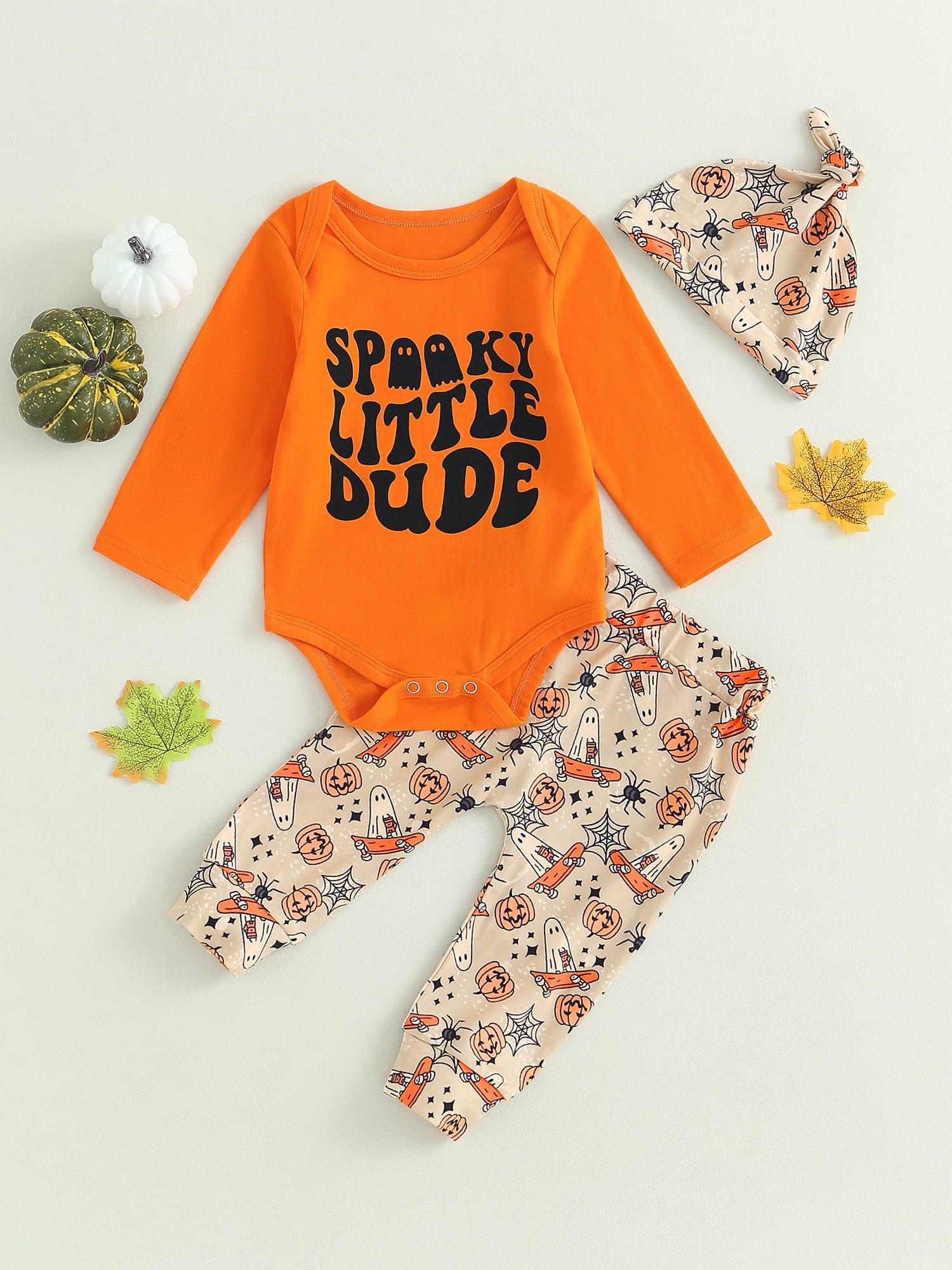 3Pcs Halloween Clothes Infant Baby Boys Casual Pants Set Long Sleeve Letters Print Romper with Pumpkin Print Sweatpants and Hat