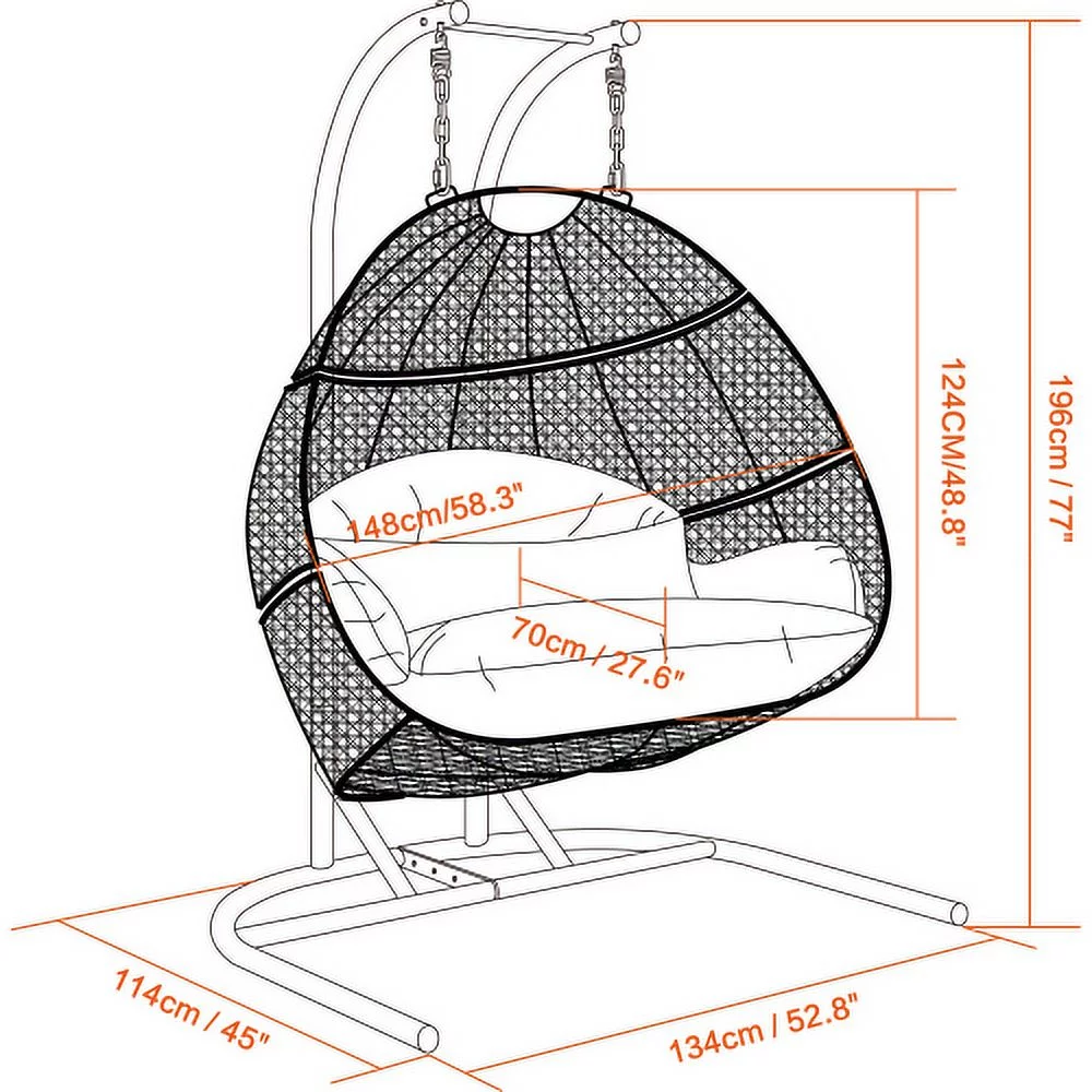 Buumin Charcoal Wicker Hanging Double-Seat Swing Chair with Stand w/Dust Blue Cushion