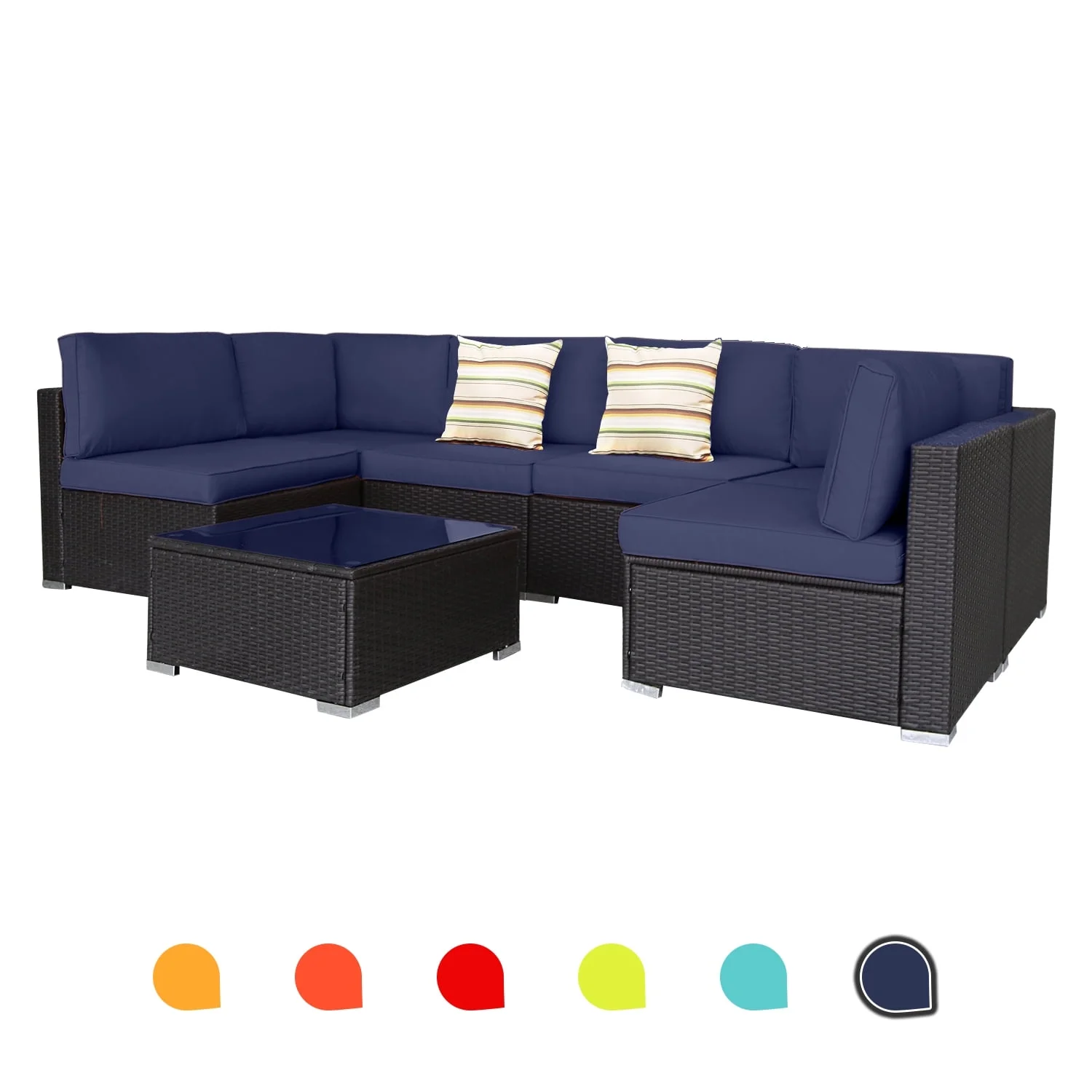 Blue 7-Piece Rattan Woven Leisure Chair Set，With Tempered Glass Table,Outdoor Wicker Furniture Conversation Set Patio Furniture，Suitable for Restaurants or Backyard Lawn Balconies