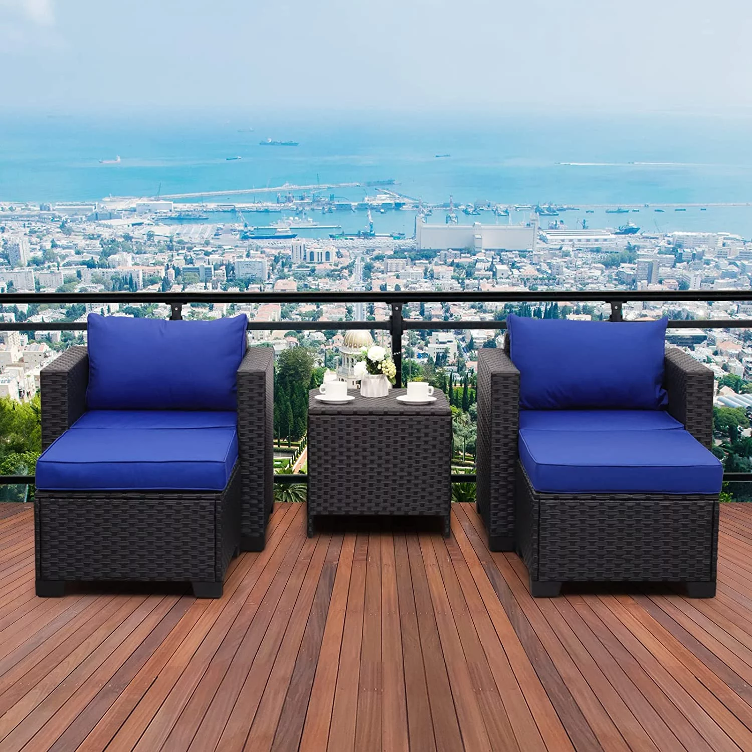 5-Piece Outdoor PE Wicker Furniture Set  Patio Black All Weather Resin Rattan Chairs and Ottomans，Sectional Conversation Sofa Set with Royal Blue Cushion