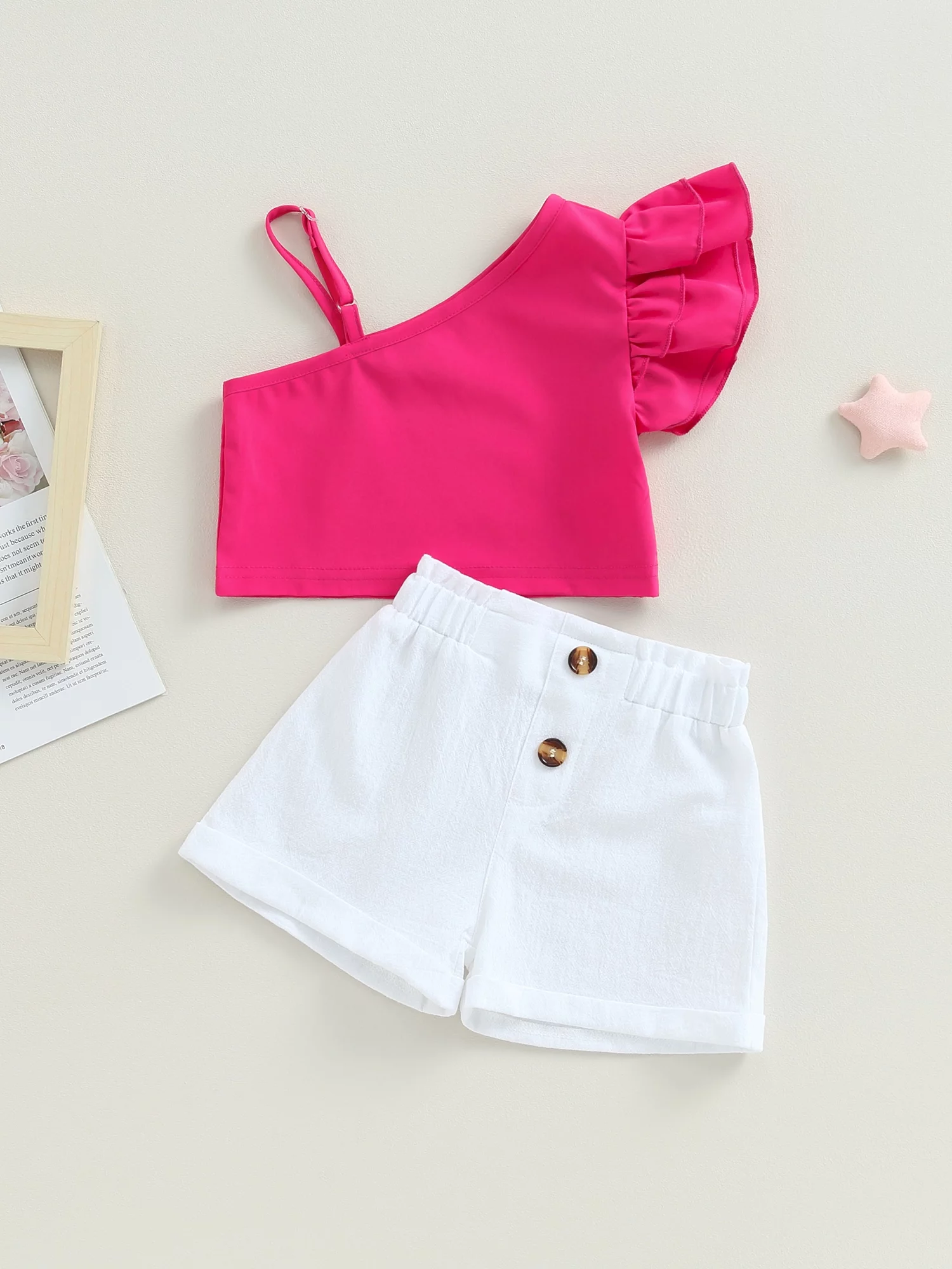 Coduop Toddler Kids Girl 2Pcs Summer Outfits Ruffle Sleeve Asymmetric Strap Crop Tops + Shorts Set