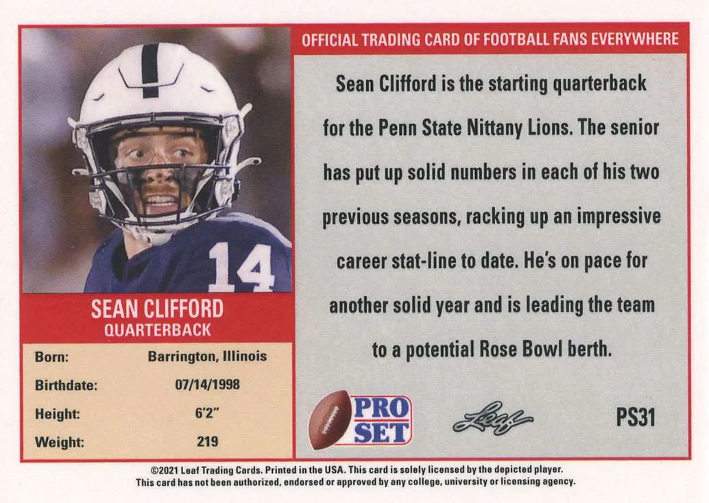 Leaf 2021 Pro Set Prospect Football Sean Clifford Trading Card