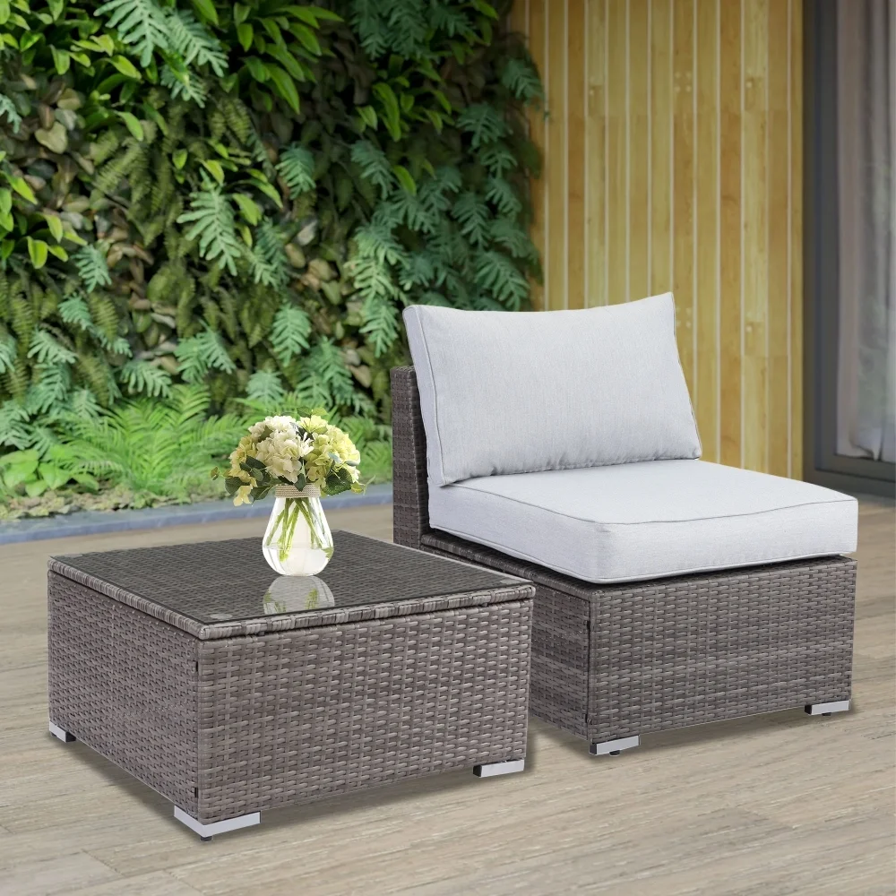 ZJbiubiuHome 2 Piece Light Grey Sofa Small Armless Single Rattan Sofa Couch Set With Small Couch