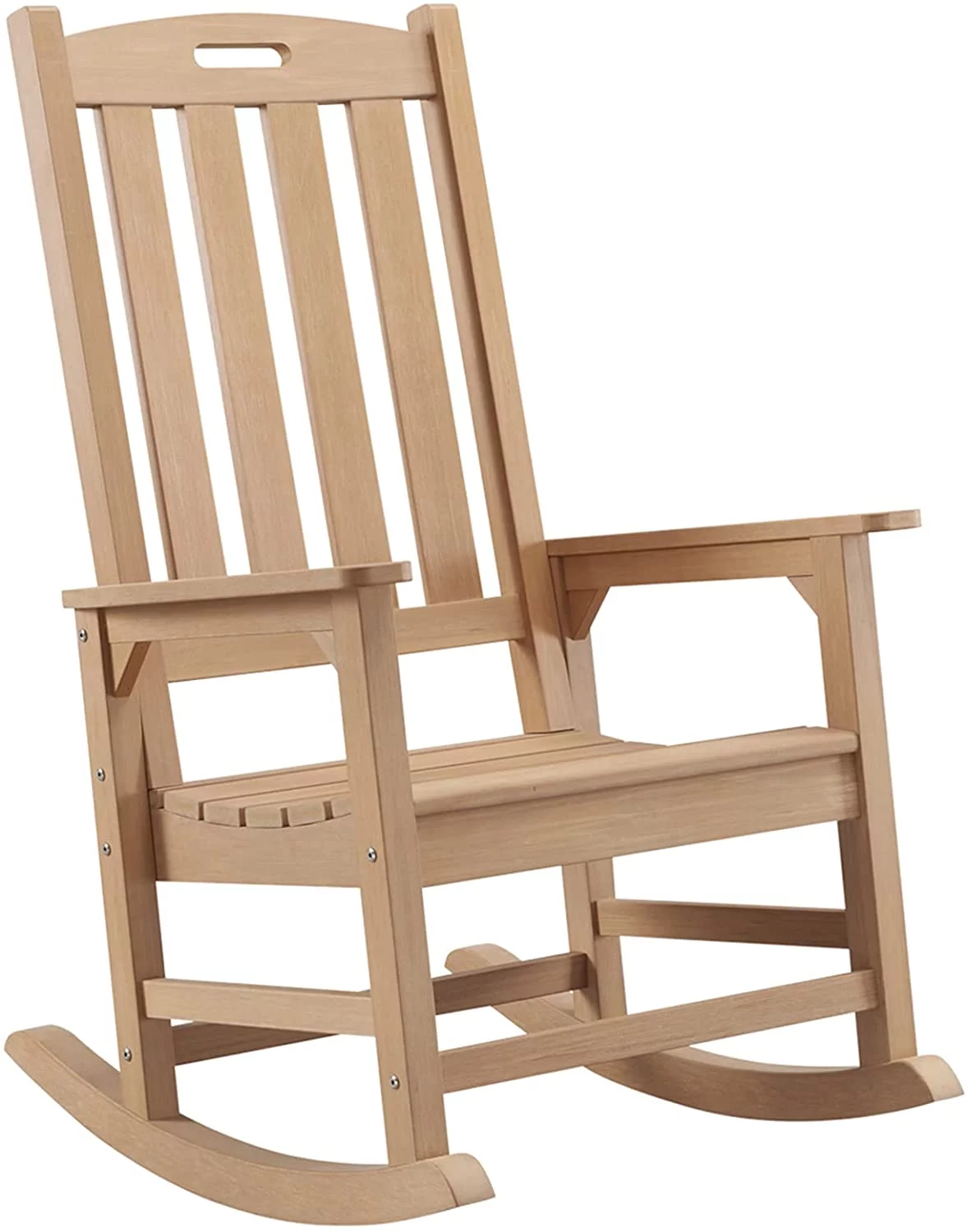 S Rocking Chair, Poly Lumber Porch Rocker with High Back, 350Lbs Support Rocking Chairs for Both Outdoor and Indoor, Poly Rocker Chair Looks Like Real Wood (Teak Color)
