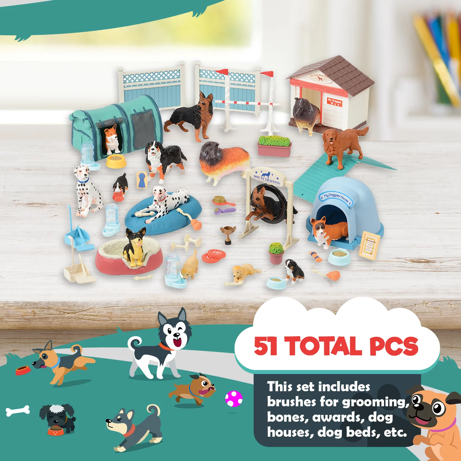 Constructive Playthings Child Agility Dog Academy Animal Toy Action Figures, 51-Piece Toys for Kids