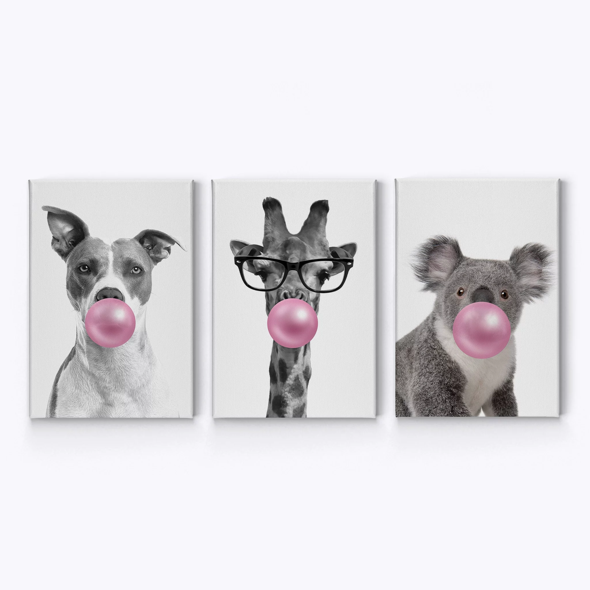 Smile Art Design Dog Giraffe Koala Animal Bubble Gum Art 3 PANEL CANVAS PRINT SET Pink Black and White Wall Art Home Decor Pop Art Living Room Kids Room Nursery Ready to Hang Made in USA 12x8