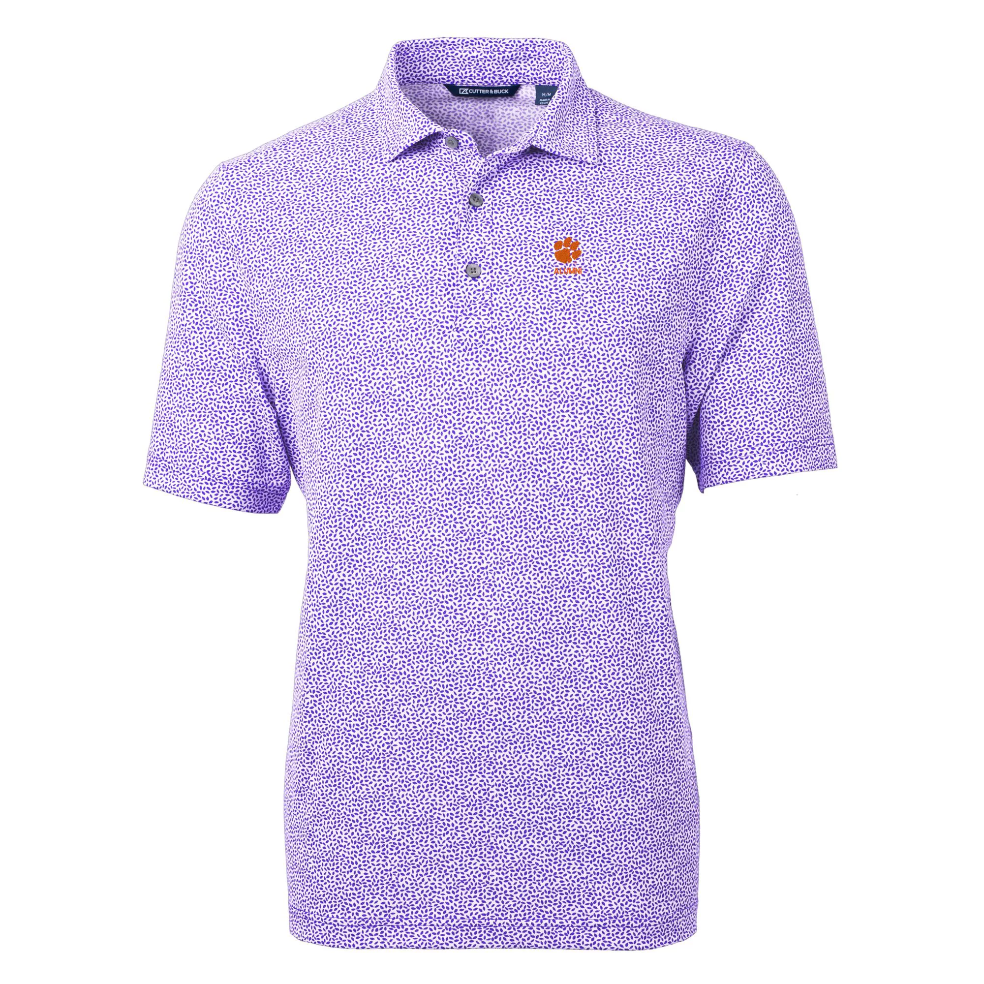 Men's Cutter & Buck  Purple Clemson Tigers Alumni Logo DryTec Virtue Eco Pique Botanical Print Recycled Polo