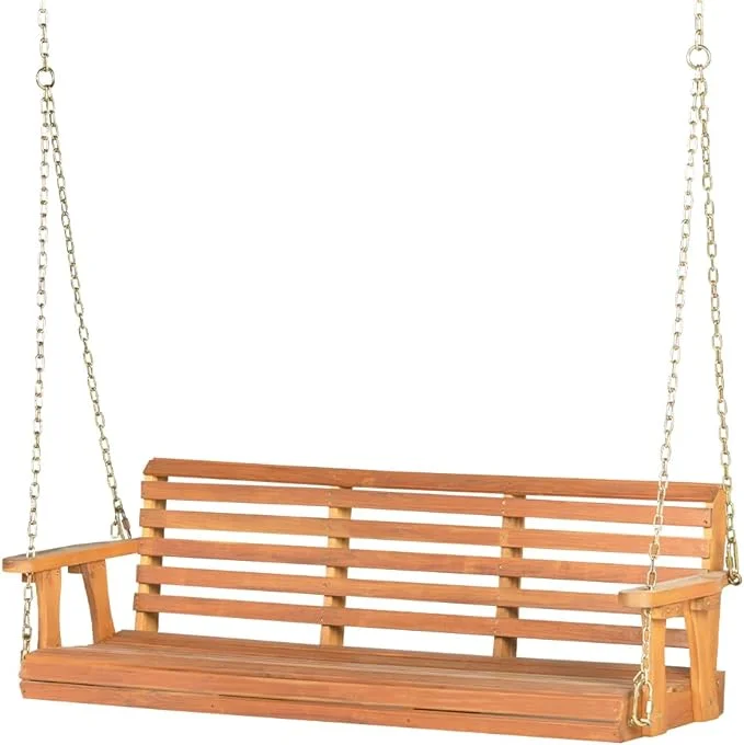 Wood Porch Swing 2-Seater Outdoor Wooden Swing Bench with Hanging Chains for Garden Backyard Deck Patio