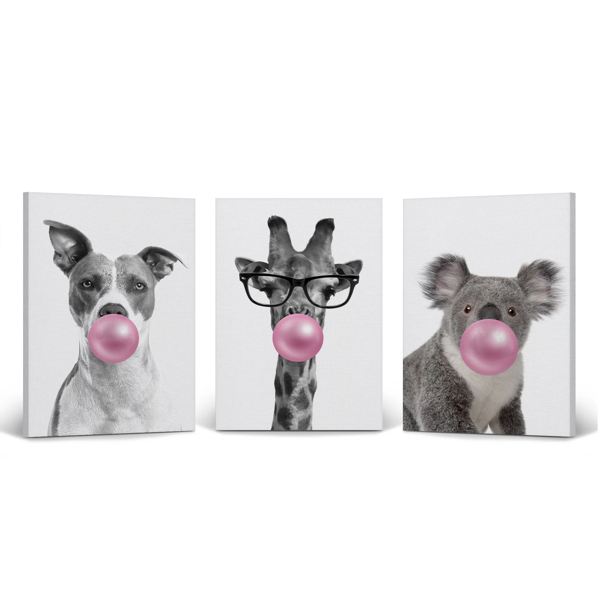 Smile Art Design Dog Giraffe Koala Animal Bubble Gum Art 3 PANEL CANVAS PRINT SET Pink Black and White Wall Art Home Decor Pop Art Living Room Kids Room Nursery Ready to Hang Made in USA 12x8