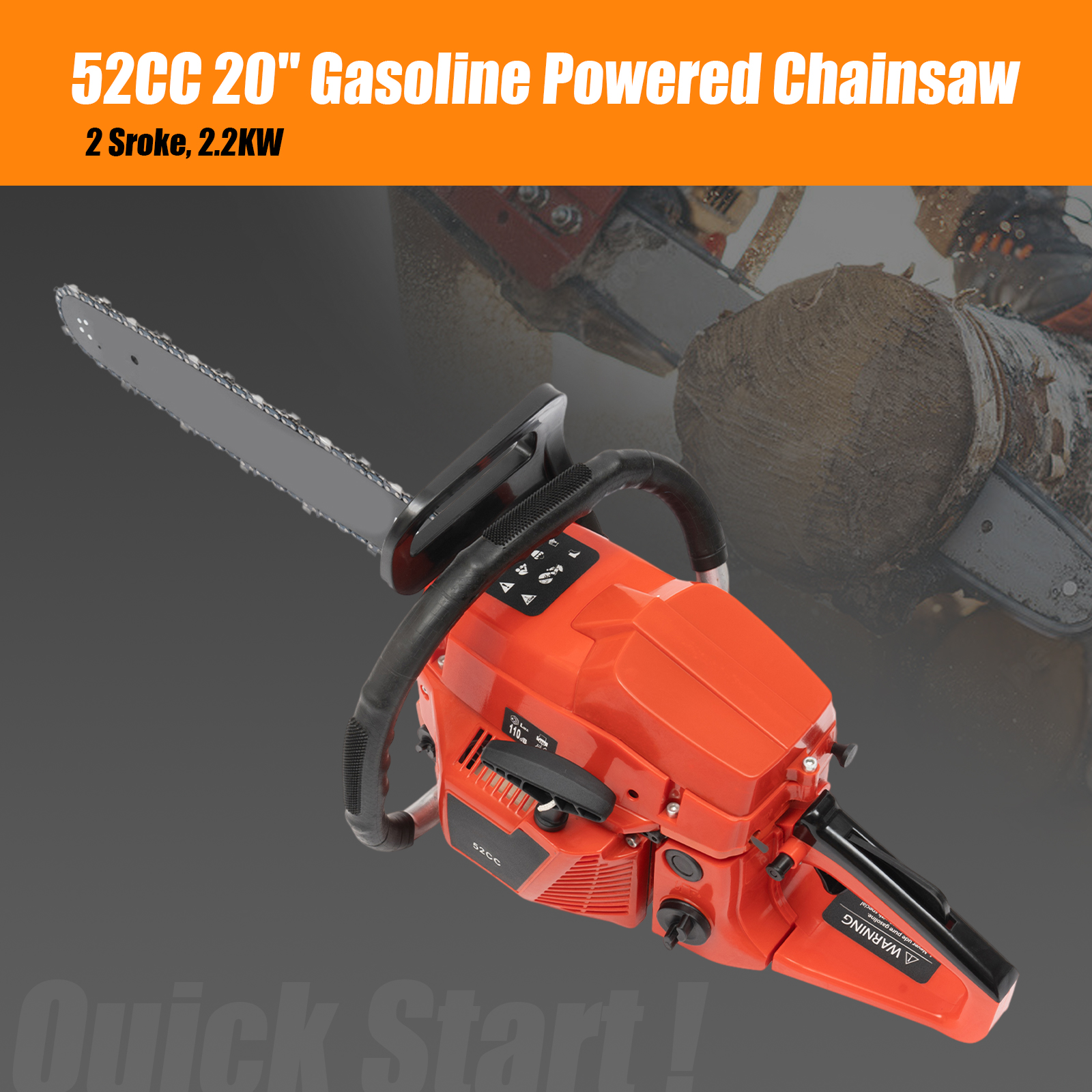 2-Stroke 2.2KW 52cc Gas Powered Chainsaw 20in Handed Petrol Gasoline Chain Saw 10500rpm, Single Cylinder, Air-Cooled