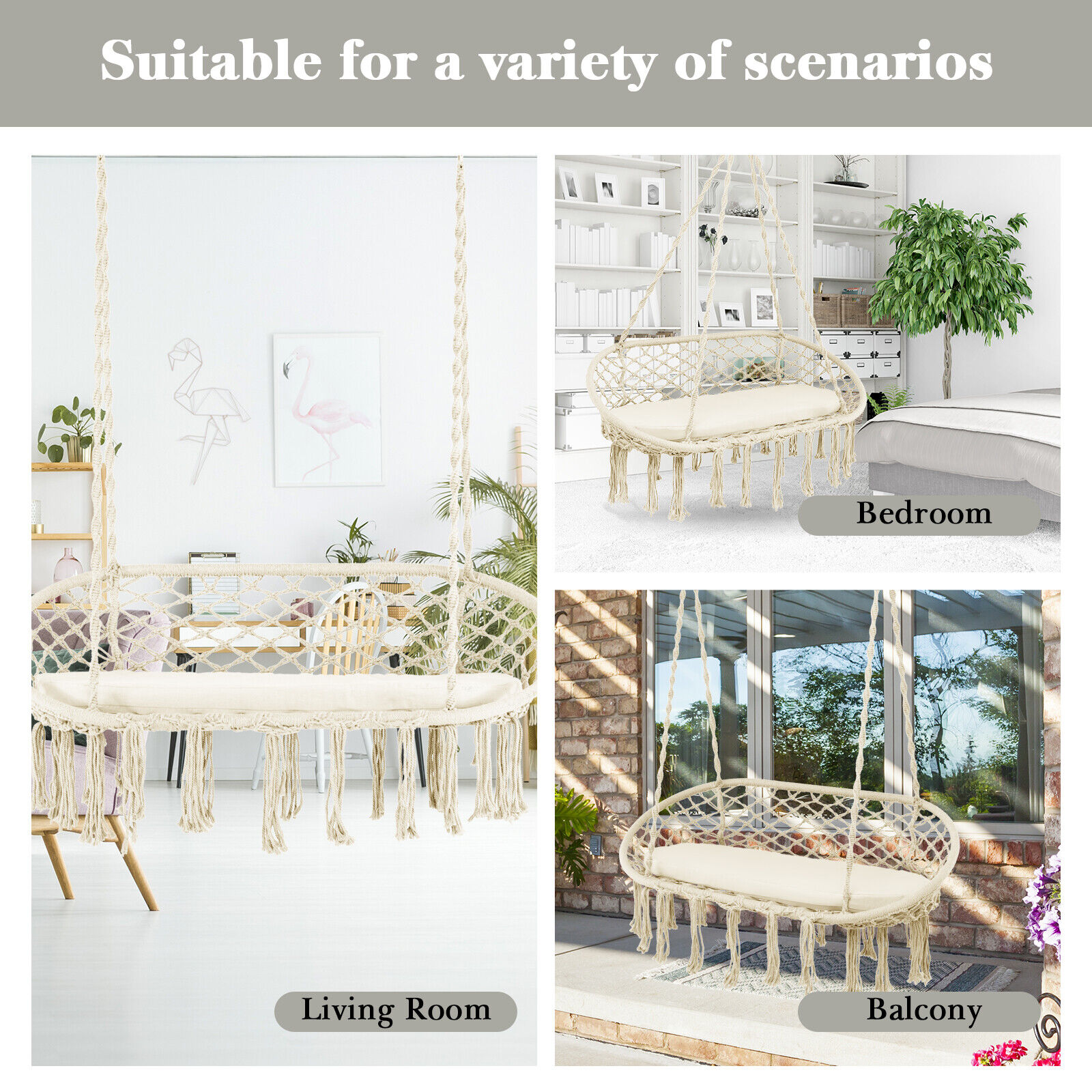 2 Person Hanging Hammock Chair with Cushion Macrame Swing 330 lbs Capacity Beige