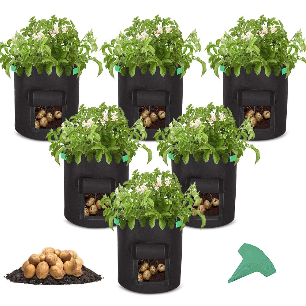 GROWNEER 6 Packs 7 Gallons Grow Bags Potato Planter Bag with Access Flap and Handles, Planting Grow Bags Fabric Pots for Grow Vegetables, Potato, Carrot, Onion, with 15 Pcs Plant Labels
