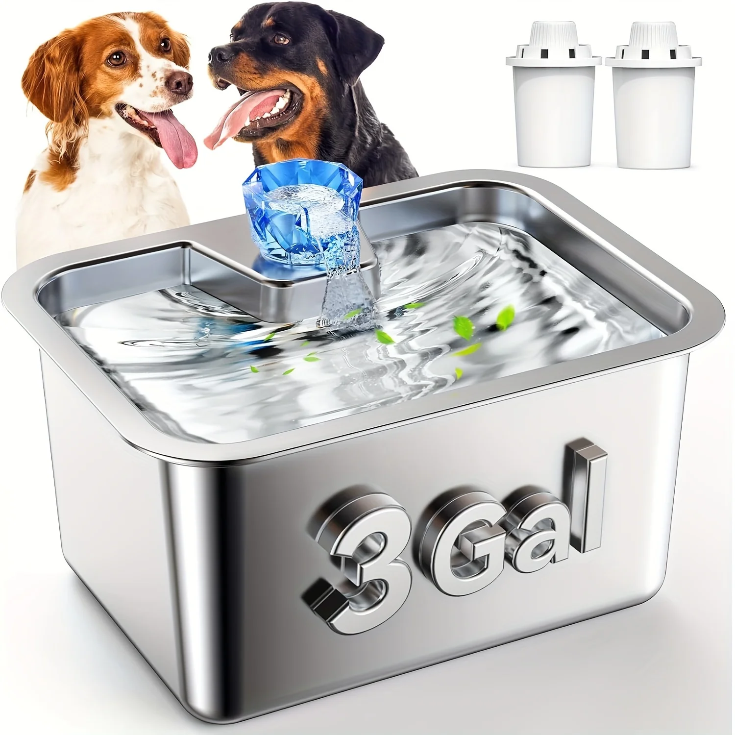 Large capacity stainless steel dog water fountain, 3 gallon (approximately 11.4 L) large pet fountain, automatic dog water bowl dispenser for Great Dane dogs, filters for multiple pets, easy to clean,