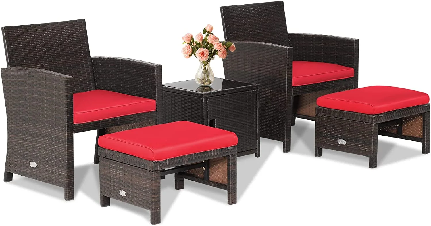 Dina 5 Pieces Patio Rattan Furniture Set  Outdoor Conversation Set with Cushioned Chair & Ottoman & Tempered Glass Coffee Table  All Weather Patio Sofa Sets for Garden  Backyard