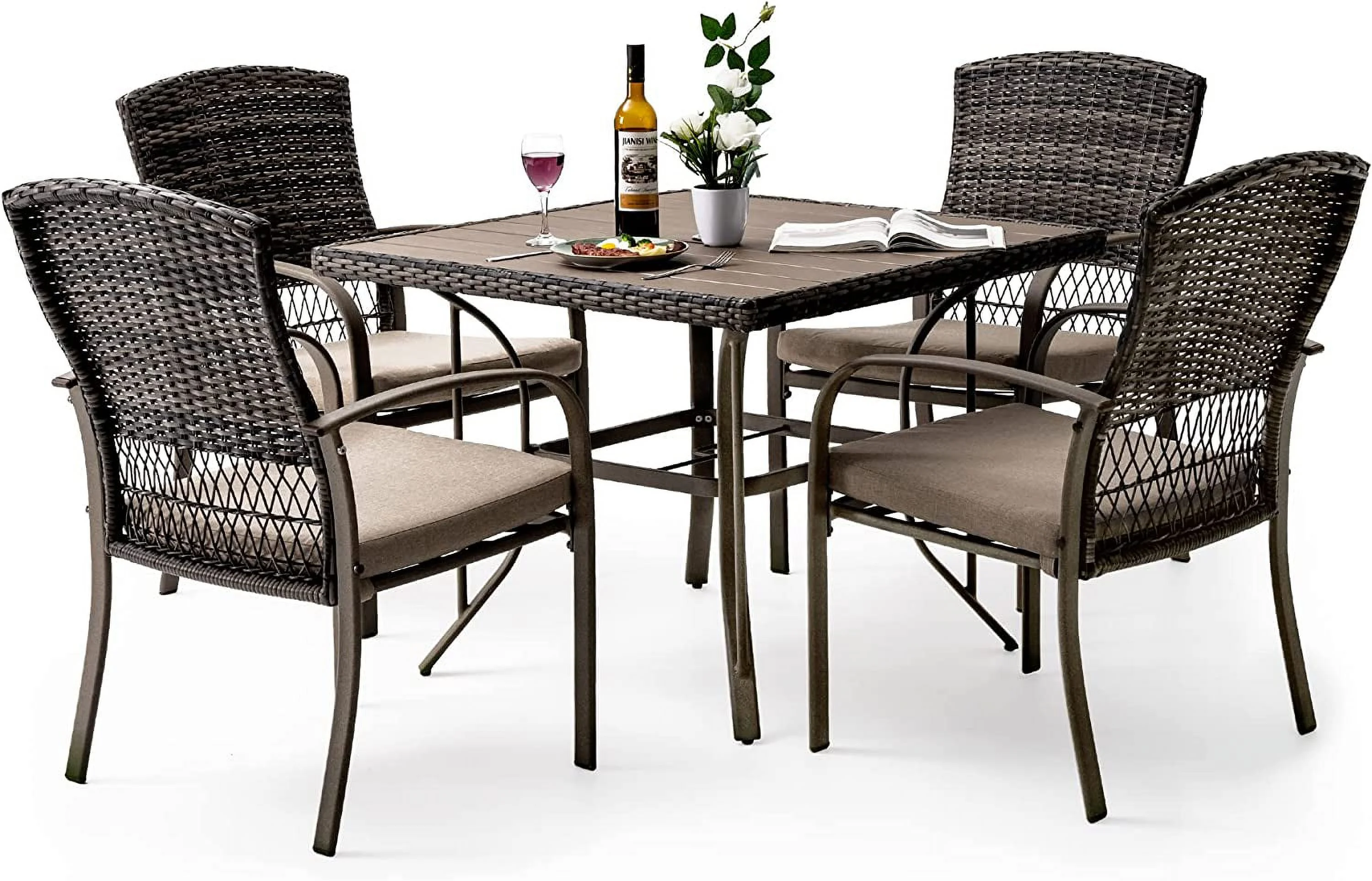 Dining Set for 6  7 PCS Patio Table & Chair Set  Metal Slatted Table with 2" Umbrella Hole  All-Weather Wicker Patio Dining Furniture with Removable Cushions for Deck  Lawn  Garde