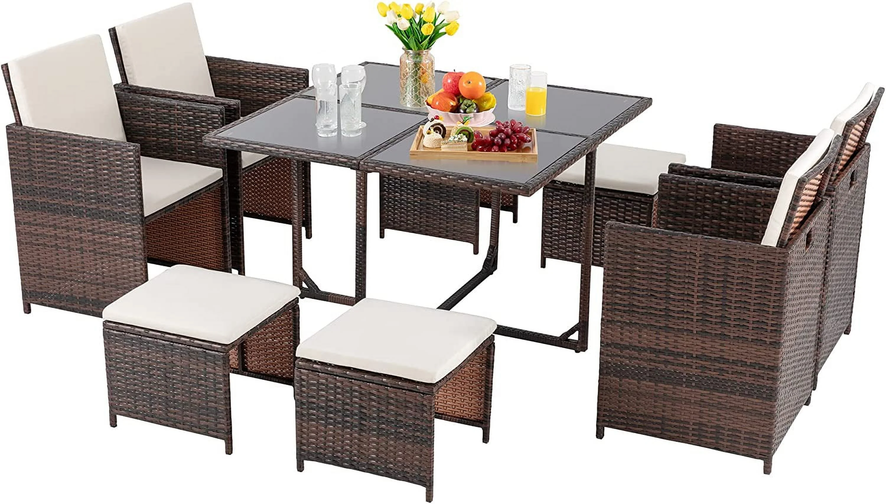 9 Piece Patio Dining Set Small Outdoor  Space Saving Wicker Dining sectional Conversation Set w/Glass Table and Cushioned Stackable Armrest Chairs for Lawn Deck Yard (Beige) Brown