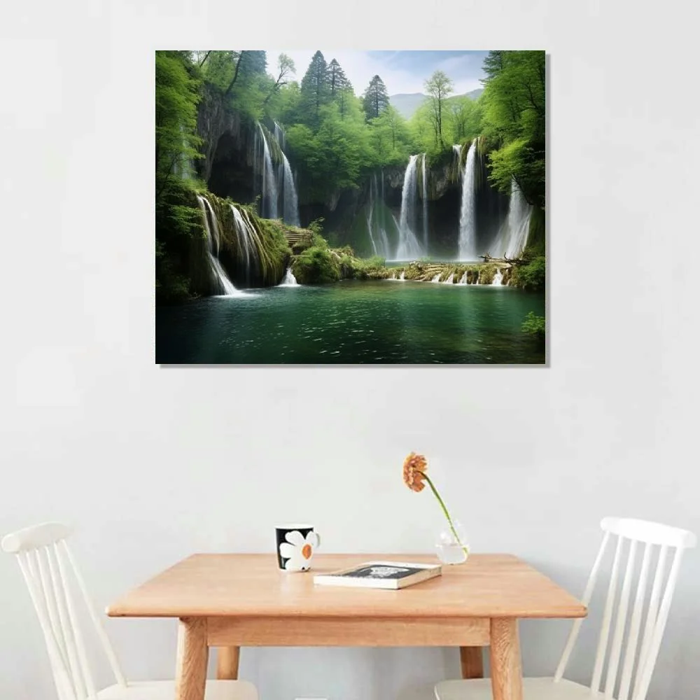 Shiartex  Nature Wall Art Waterfall Scenery Wall Decor Green Forest of Croatia Park Landscape Painting Print Artwork for Living Room,Bedroom,Home Decor,Ready to hang (Waterfall, 20x16 Inch)