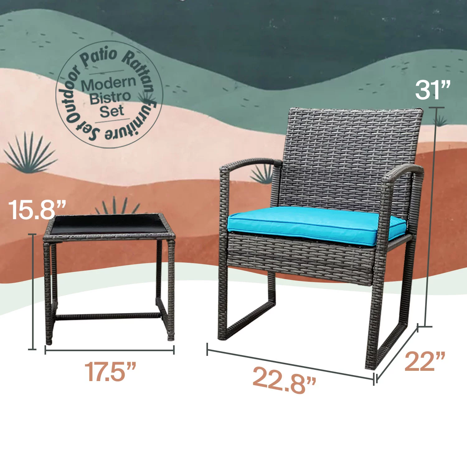 Grace 3-Piece Modern Rattan Patio Furniture Set -Two Plush Cushioned Chairs With Solid Glass Coffee Table - Light Blue