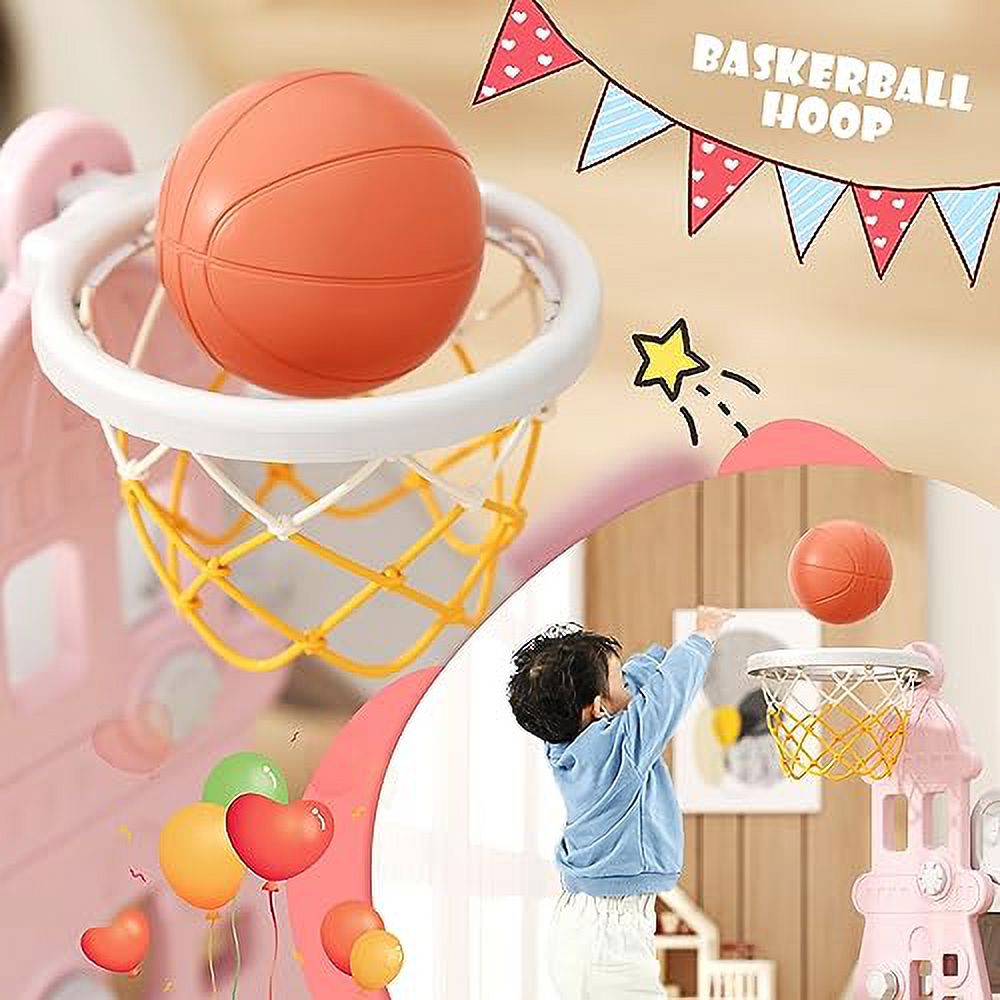 Glaf 5-in-1 Toddler Swing and Slide Set Baby Slide Indoor Playground Outdoor Playsets for Backyards with Basketball Hoop, Ball and Extra Long Slide Toddler Swing Set with Slide (Pink)