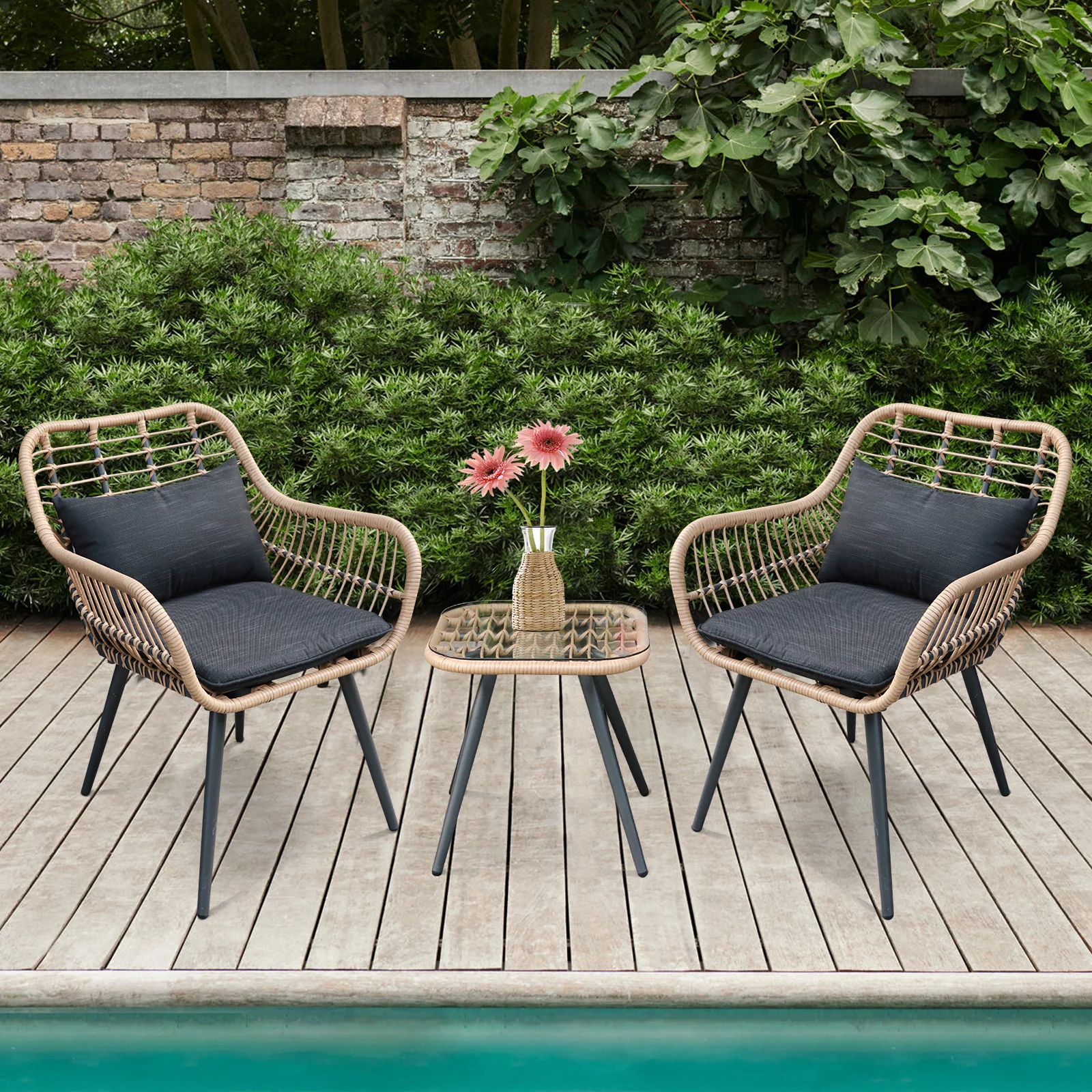 3 Piece Patio Bistro Set, Outdoor Wicker Conversation Set, Square Glass Top Side Table with Cushioned Chairs for Porch, Backyard, Balcony, Poolside