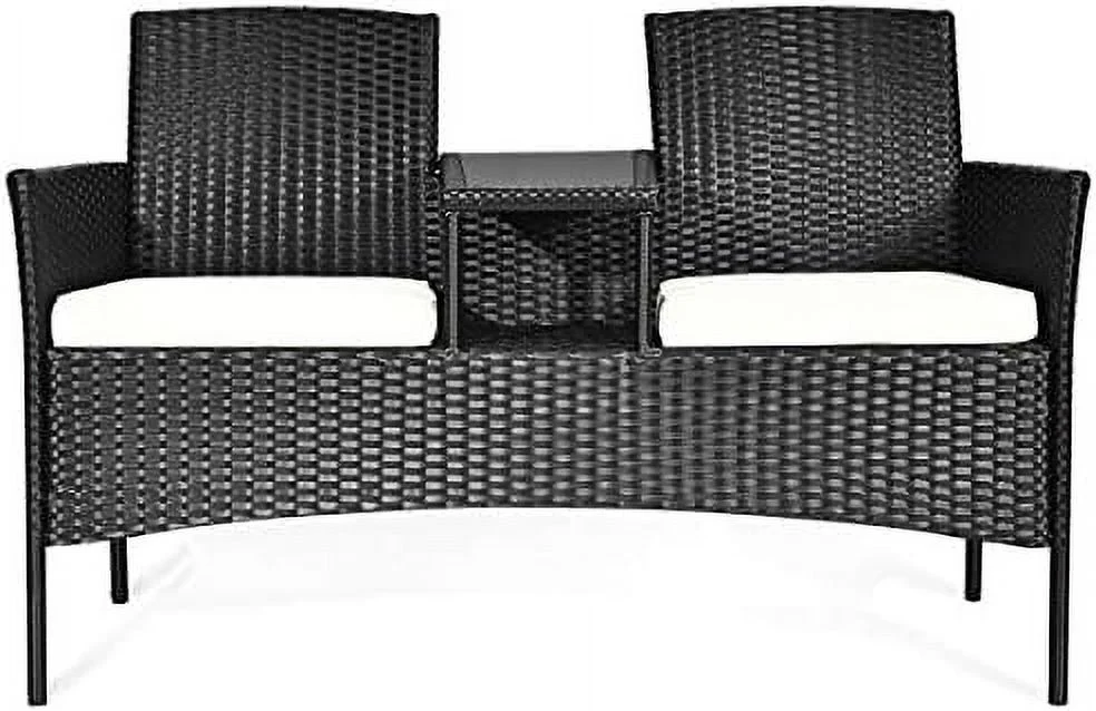 CHIOKN Conversation  Set with Table and Two Removable Cushions Rattan Wicker Chairs and Table Set for Patio Garden  Baloney and Lawn Outdoor Porch  Sets Loveseat (Black+Beige)