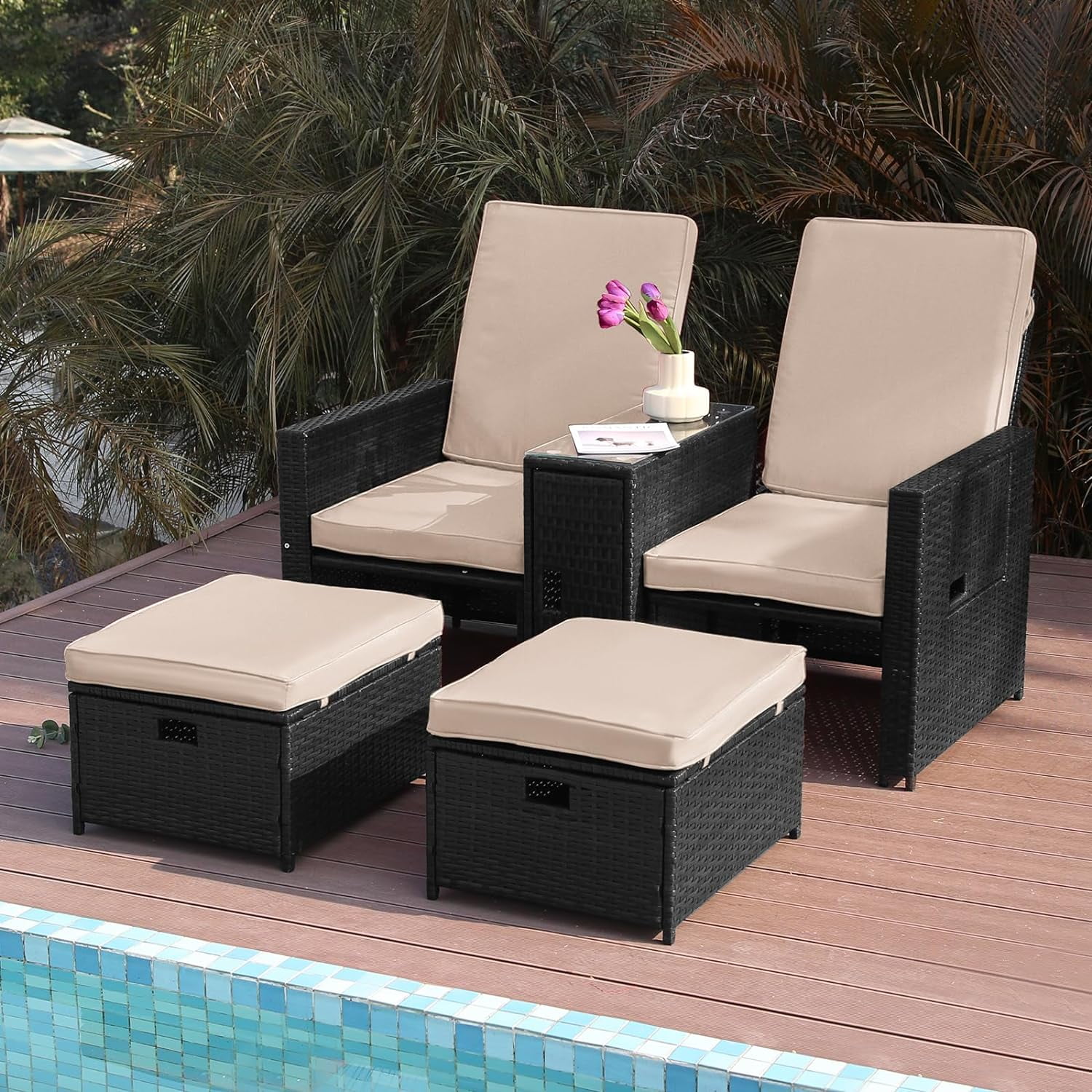 BAIJIAWEI B 5pcs Patio Wicker Loveseat - Outdoor Rattan Sofa Set with Cushion - Adjustable Lounge Chair with Ottoman Footrest  Wicker Furniture for Garden  Patio  Balcony  Beach  Coffee B
