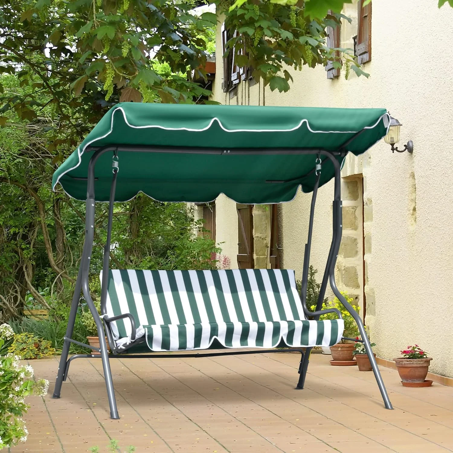 Green 3-Seat Patio Swing: Removable Cushion, Steel Frame, Adjustable Canopy