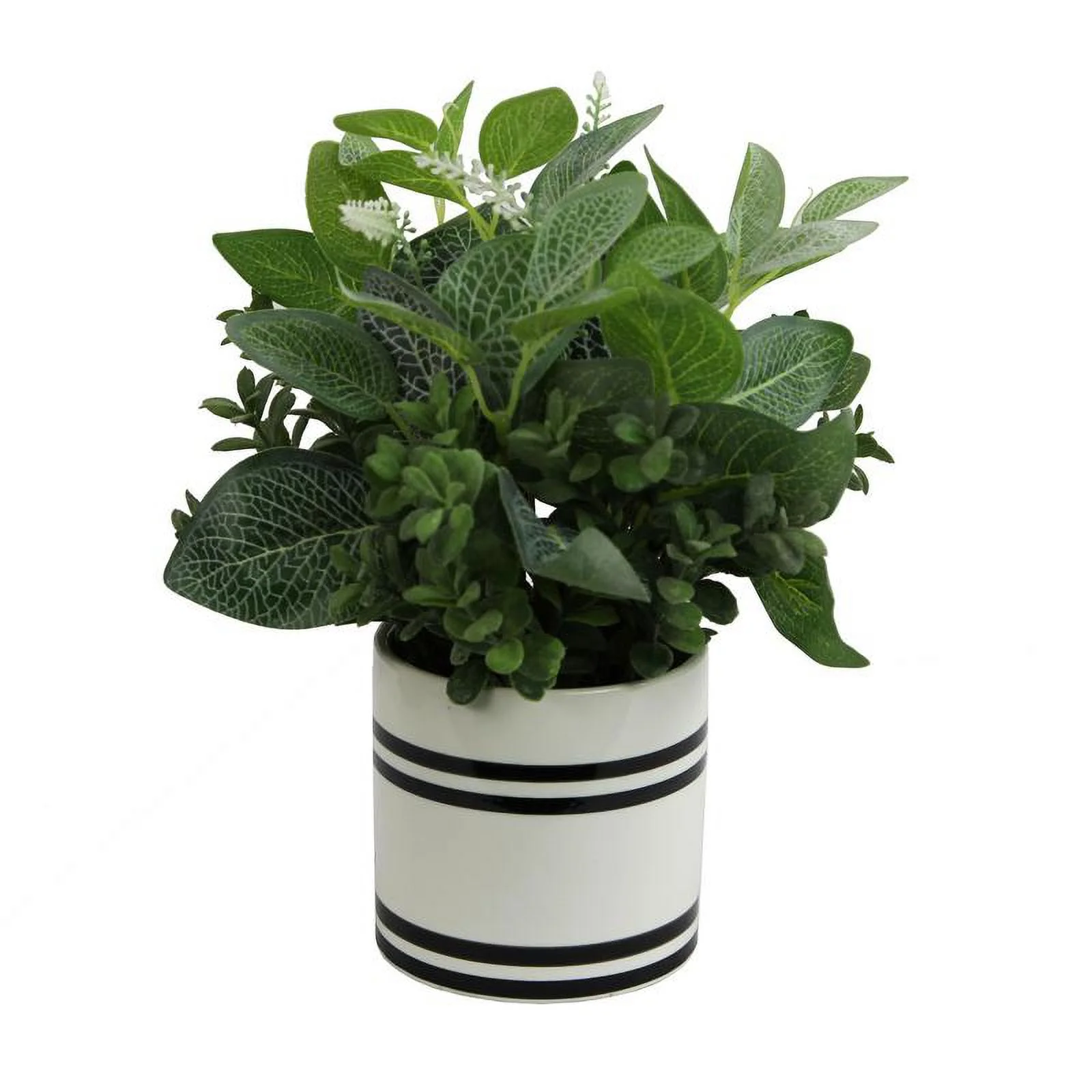 Admired by Nature  Artificial Mixed Garden Foliage Plant with Striped Ceramic Pot - Green