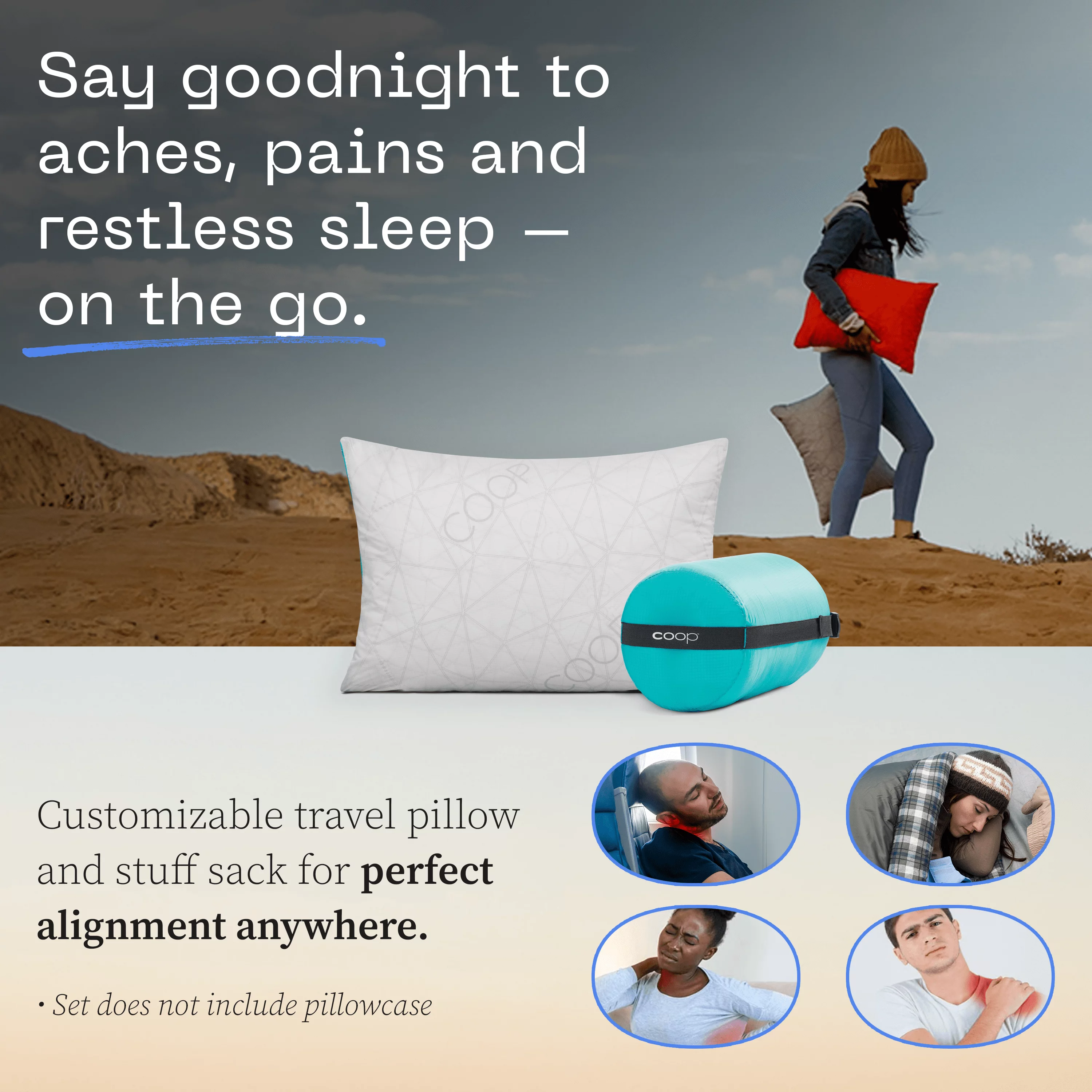 Coop Home Goods Adjustable Travel Pillow - 1 Camping Pillow and 1 Grey Pillowcase Bundle w/ Compressible Stuff Sack