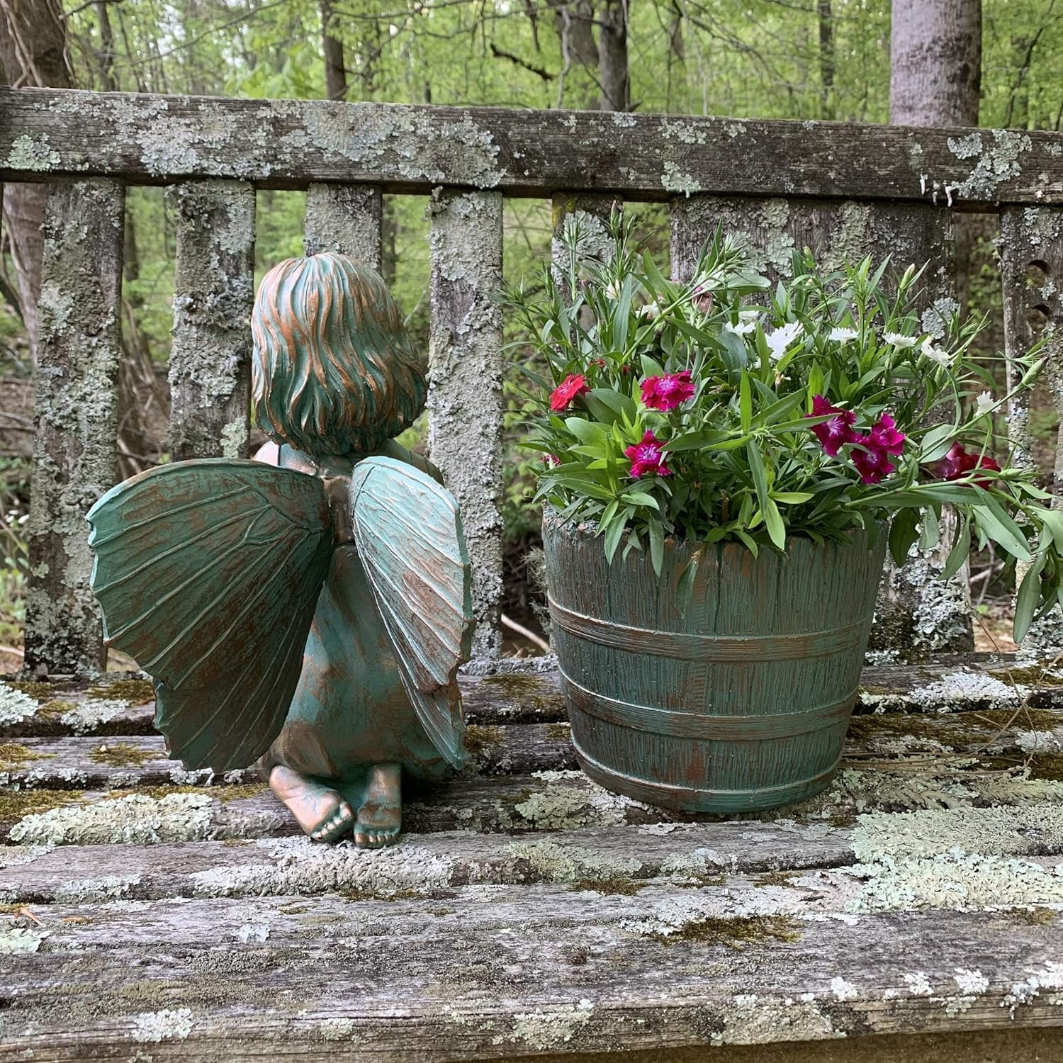 H Rebecca With Barrel Planter Pot In Bronze Home & Garden Fairy Statue