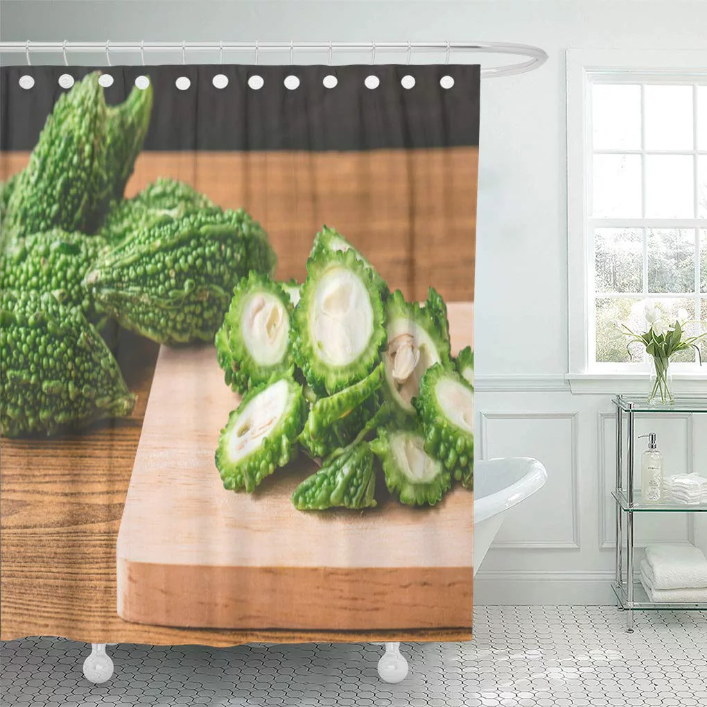 CYNLON Agriculture Green Cut Bitter Melon Gourd on Wooden Tray Bathroom Decor Bath Shower Curtain 60x72 inch