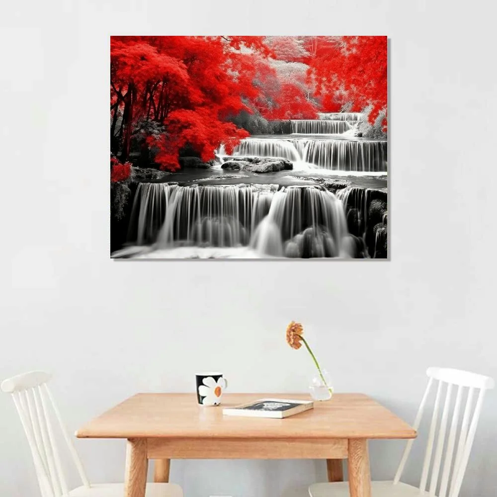 HOMICOZI Black and White Decor Waterfall Wall Art Red Forest Scenery Painting Canvas Prints Landscape Wall Pictures for Bedroom Living Room Modern Framed Home Decorations