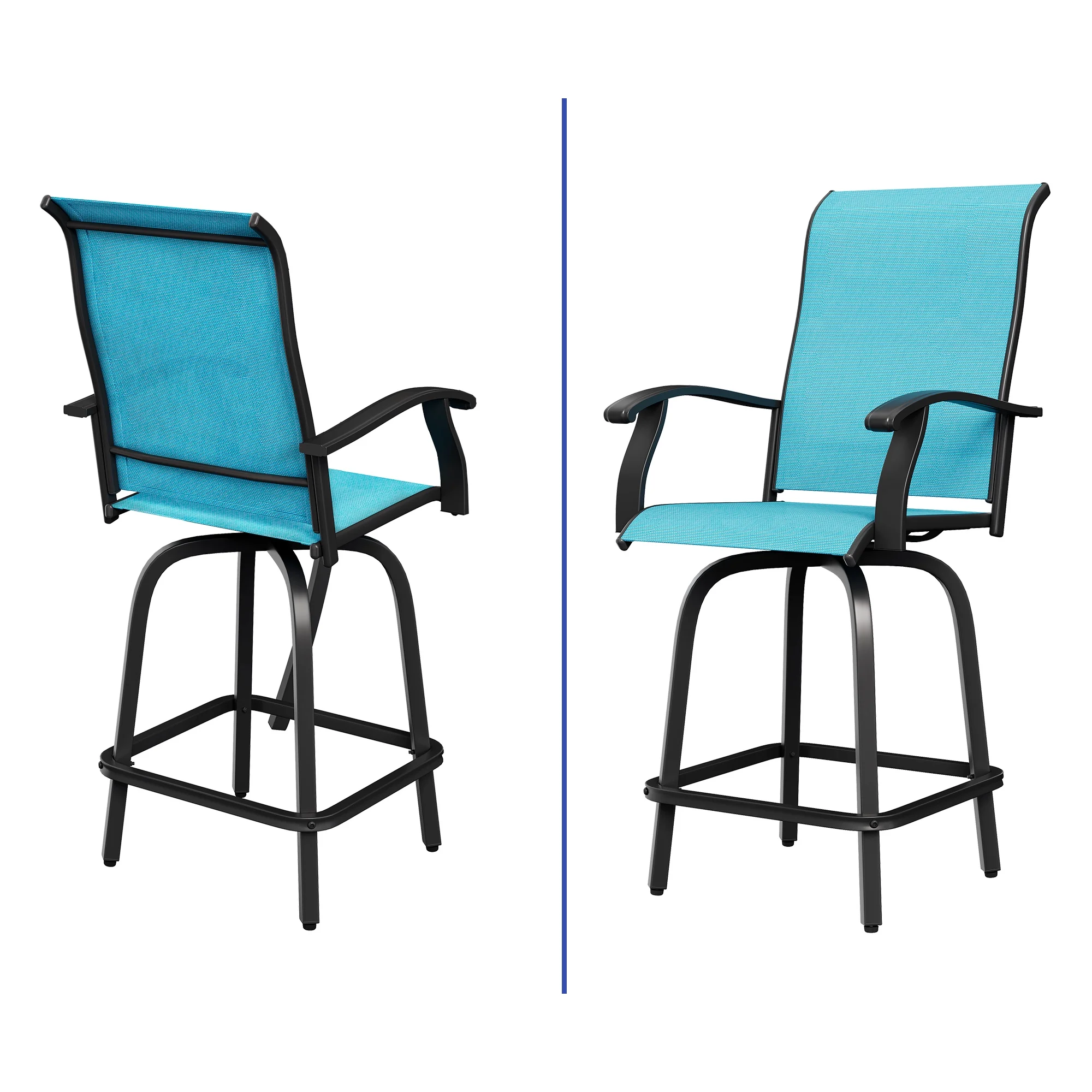Wooflex High Back Swivel Bar Stools Set of 2, All Weather Outdoor Patio Swivel Chairs with Breathable Textilene and Metal Frame for Garden Backyard Deck, Blue