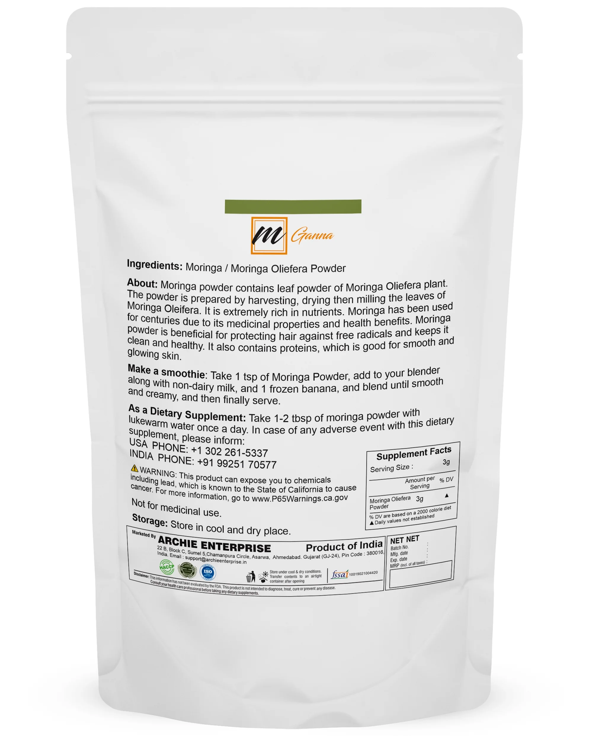 mGanna 100% Natural Moringa/Moringa oleifera for Healthy Skin and Hair Care 227 GMS / 0.5 LBS