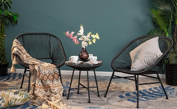 KEAIDO 3-Piece Patio Furniture Bistro Set, Outdoor Wicker Conversation Set w/ 2 Handwoven Cushioned Chairs, Side Coffee Table for Backyard Lawn Porch Poolside Balcon